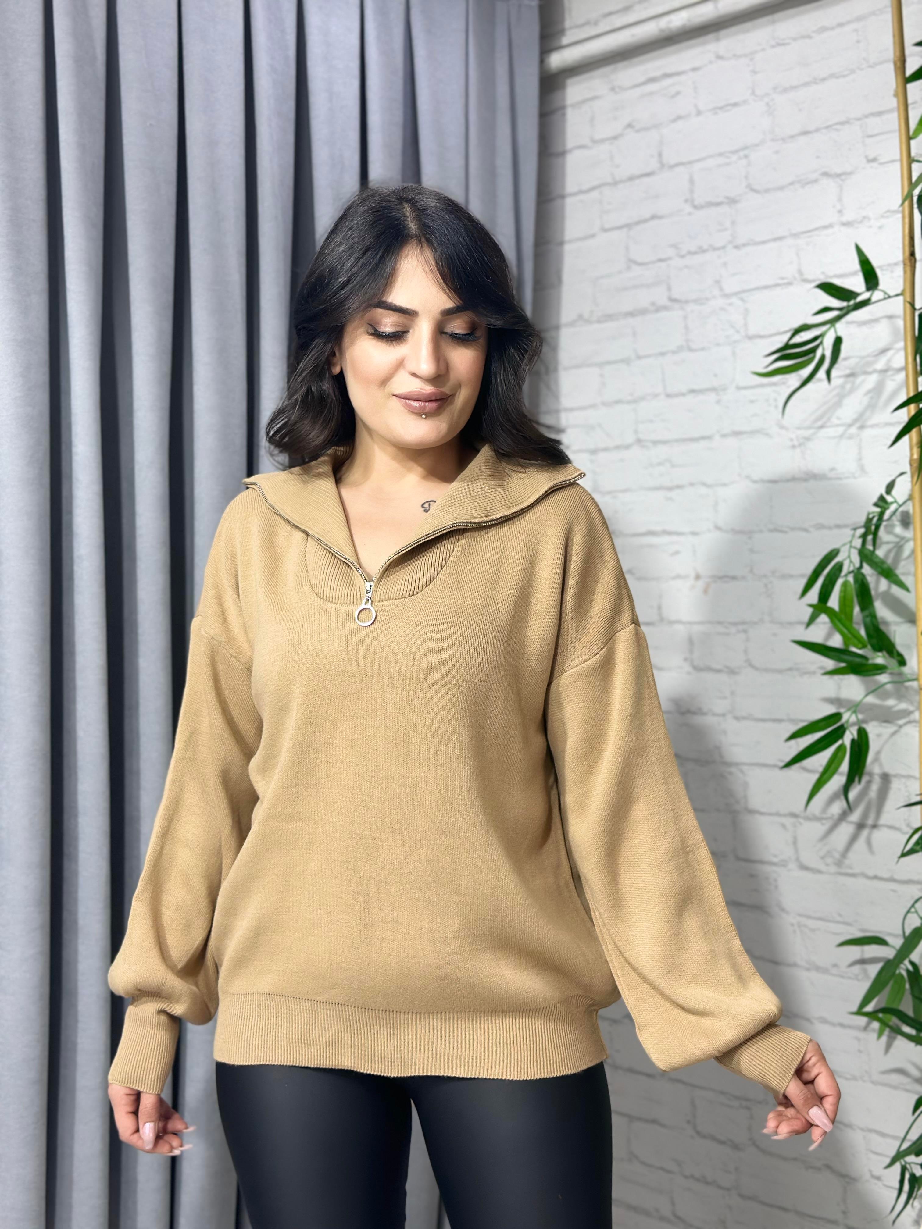 Camel Fermuarlı Triko Kazak