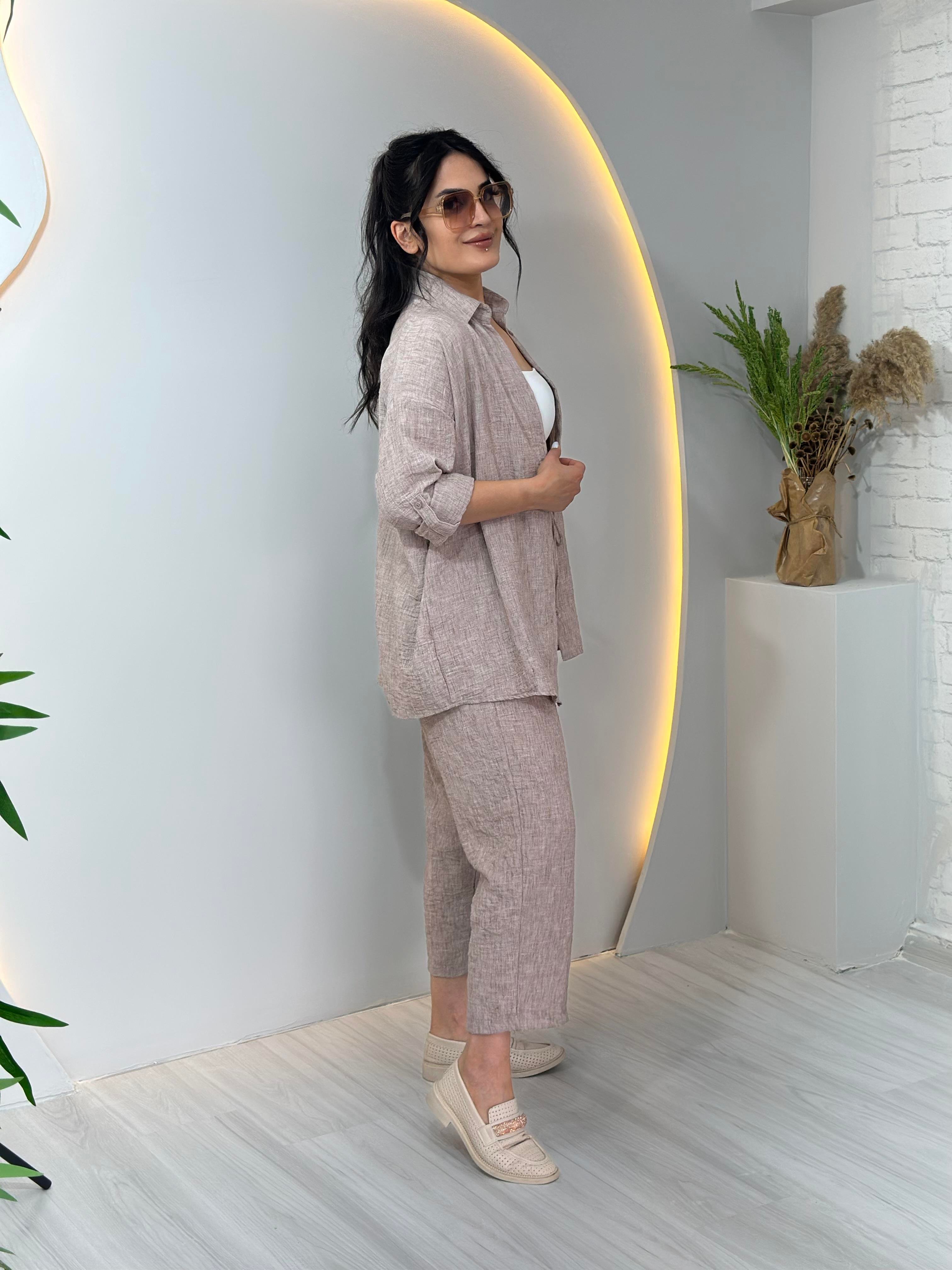 Camel Keten Gömlek Pantolon 2'Li Takım A028