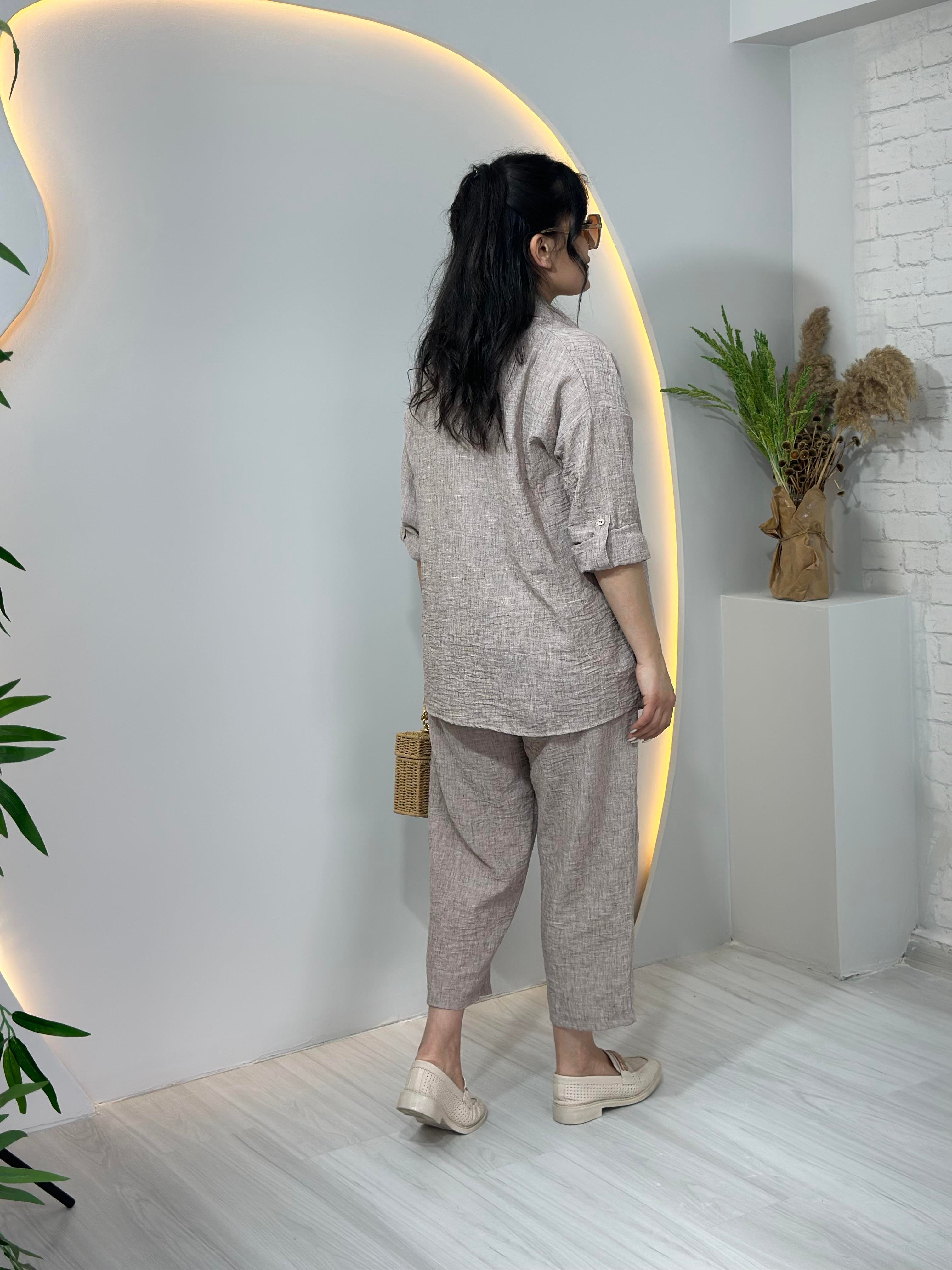 Camel Keten Gömlek Pantolon 2'Li Takım A028