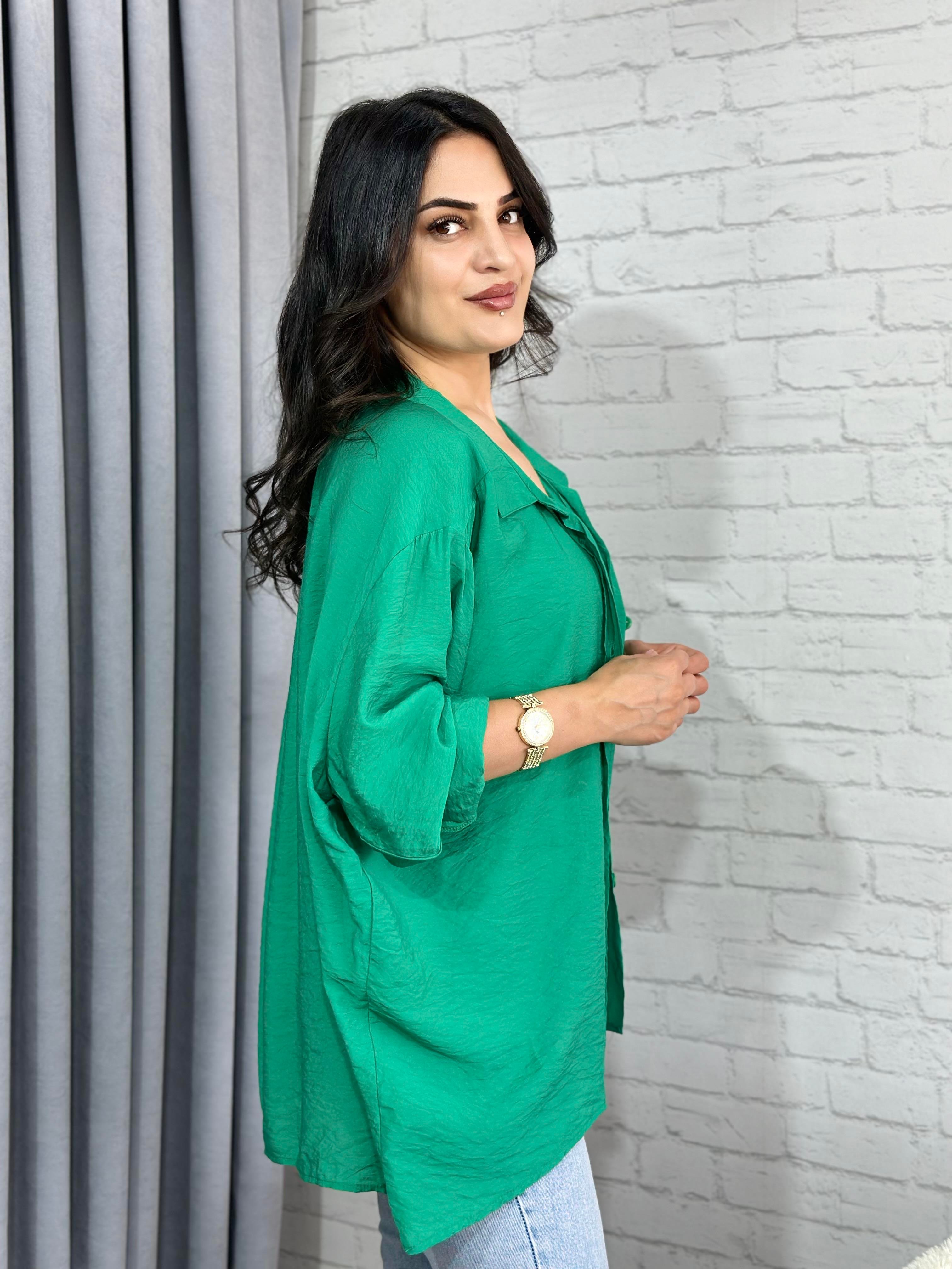 Çimen Yeşili Tensel Bambu Oversize Cepli Gömlek