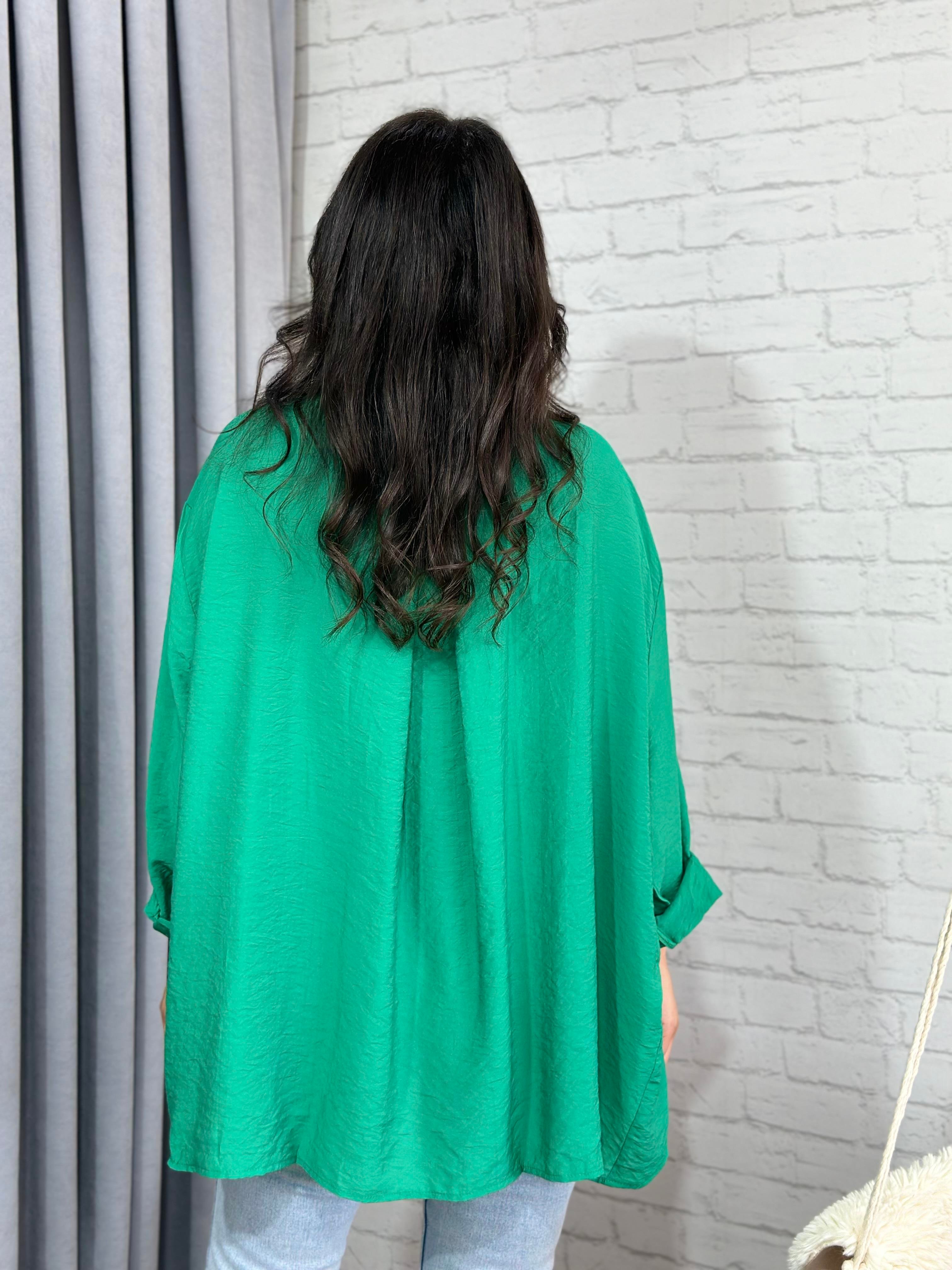 Çimen Yeşili Tensel Bambu Oversize Cepli Gömlek