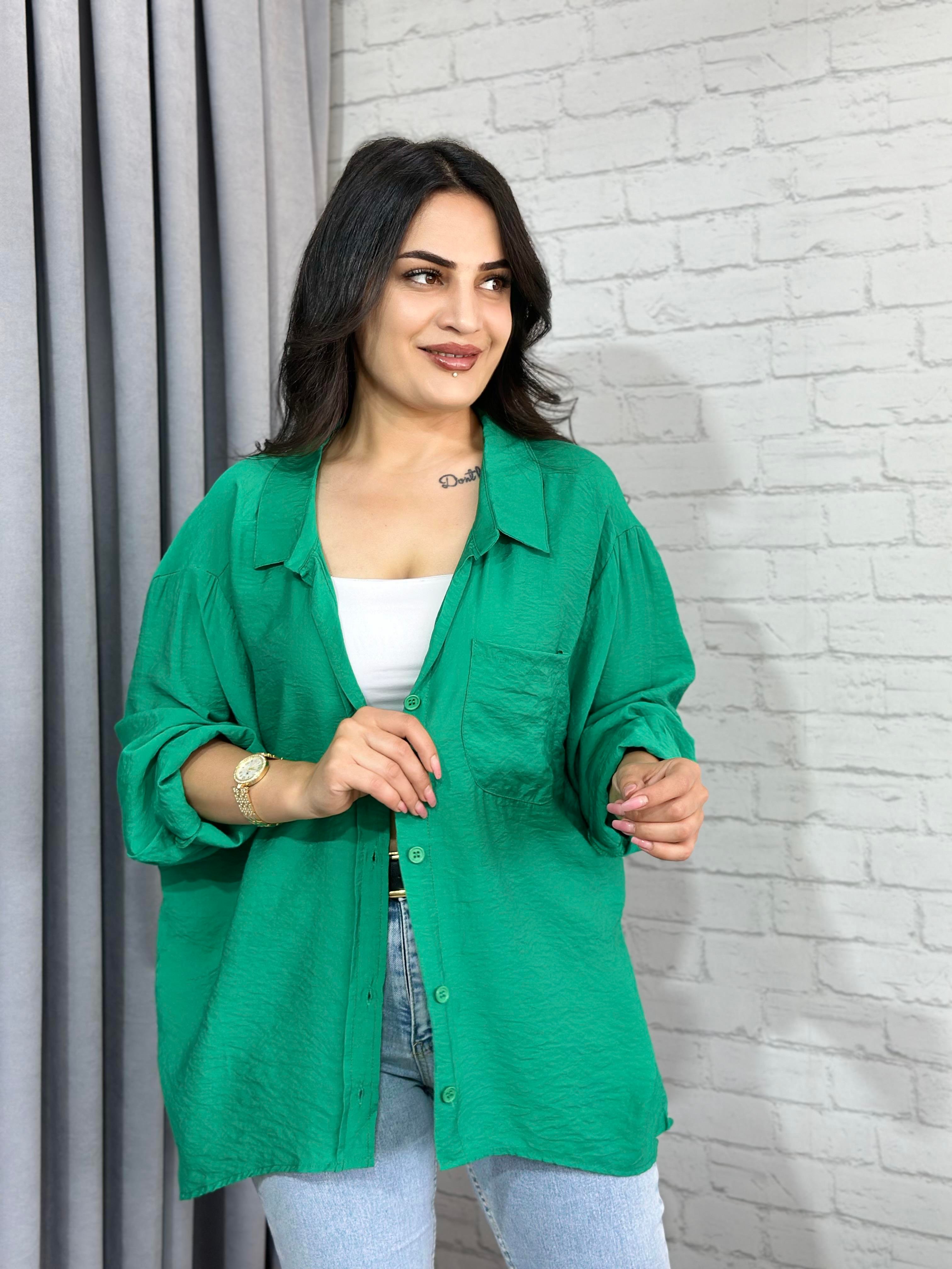 Çimen Yeşili Tensel Bambu Oversize Cepli Gömlek