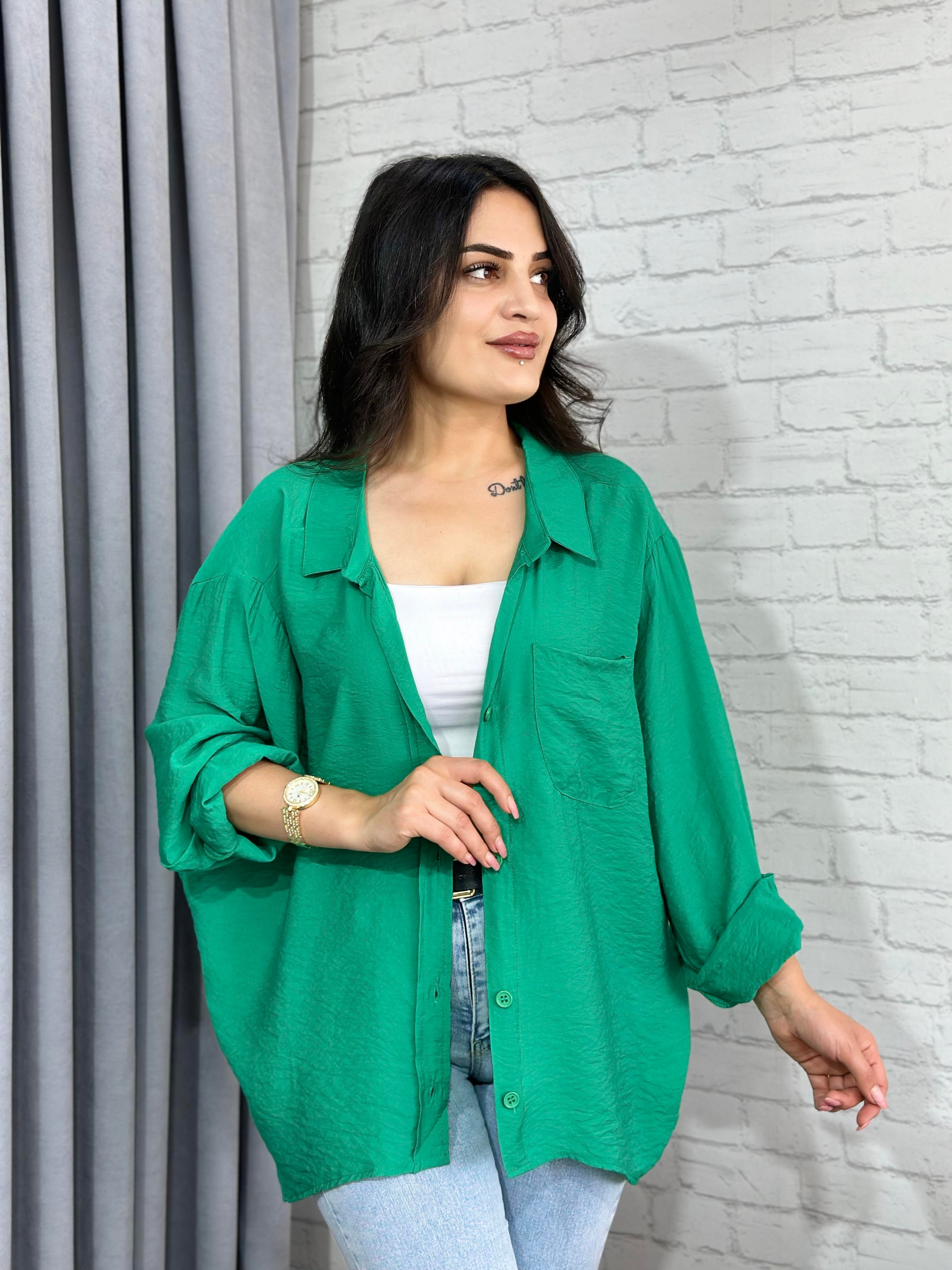 Çimen Yeşili Tensel Bambu Oversize Cepli Gömlek