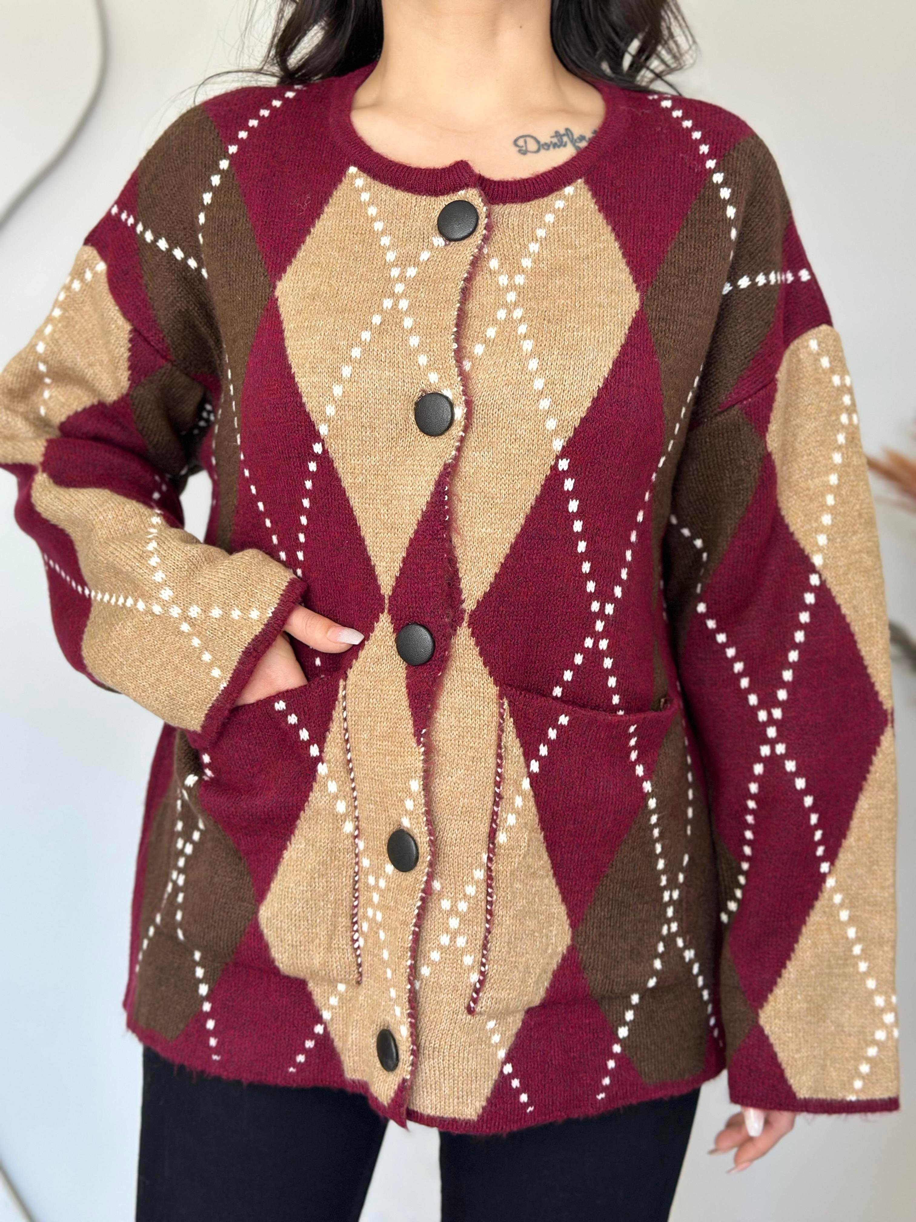 Dune Camel Düğmeli Cepli Oversize Baklava Desen Triko Hırka U5656