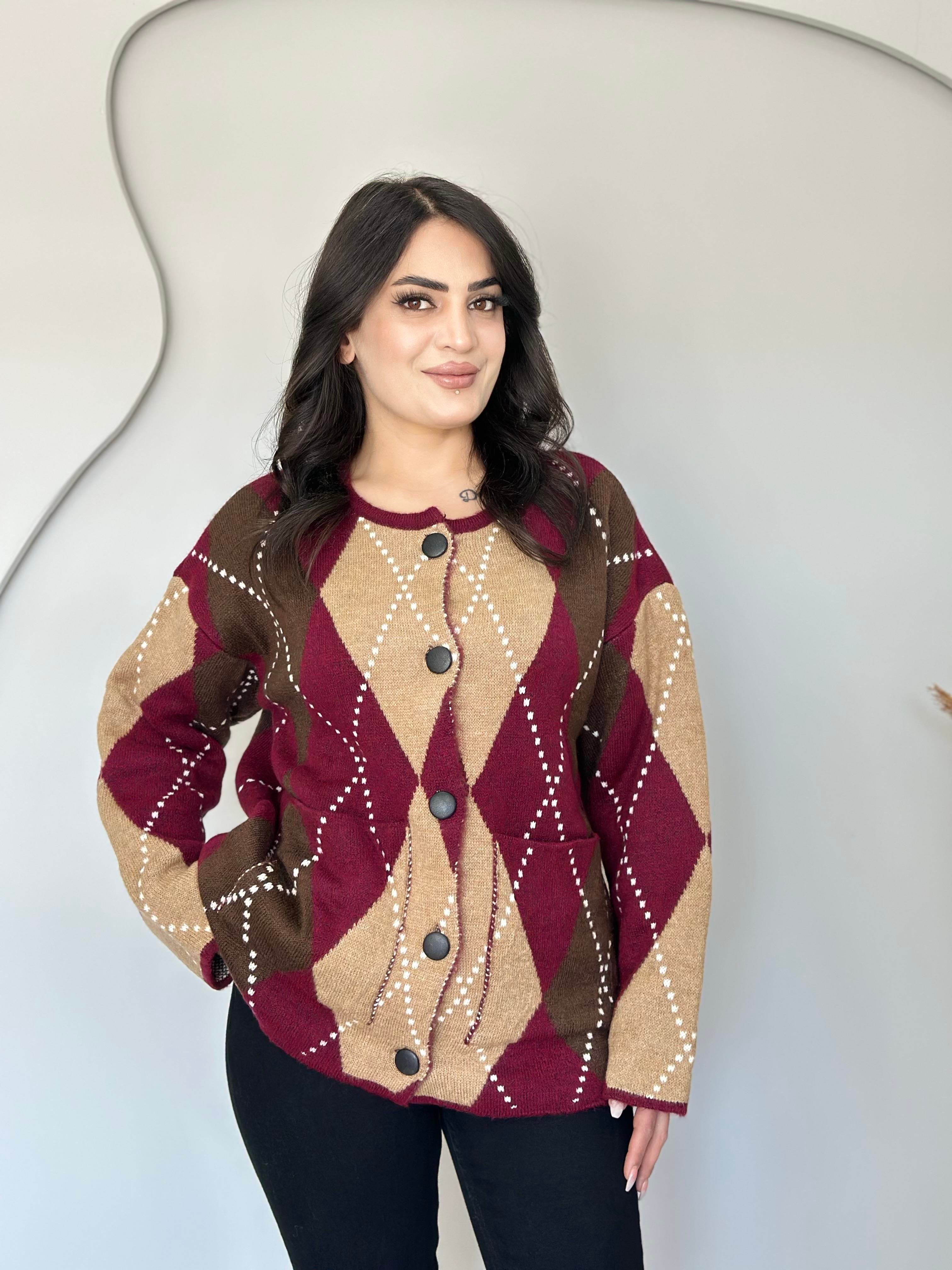 Dune Camel Düğmeli Cepli Oversize Baklava Desen Triko Hırka U5656