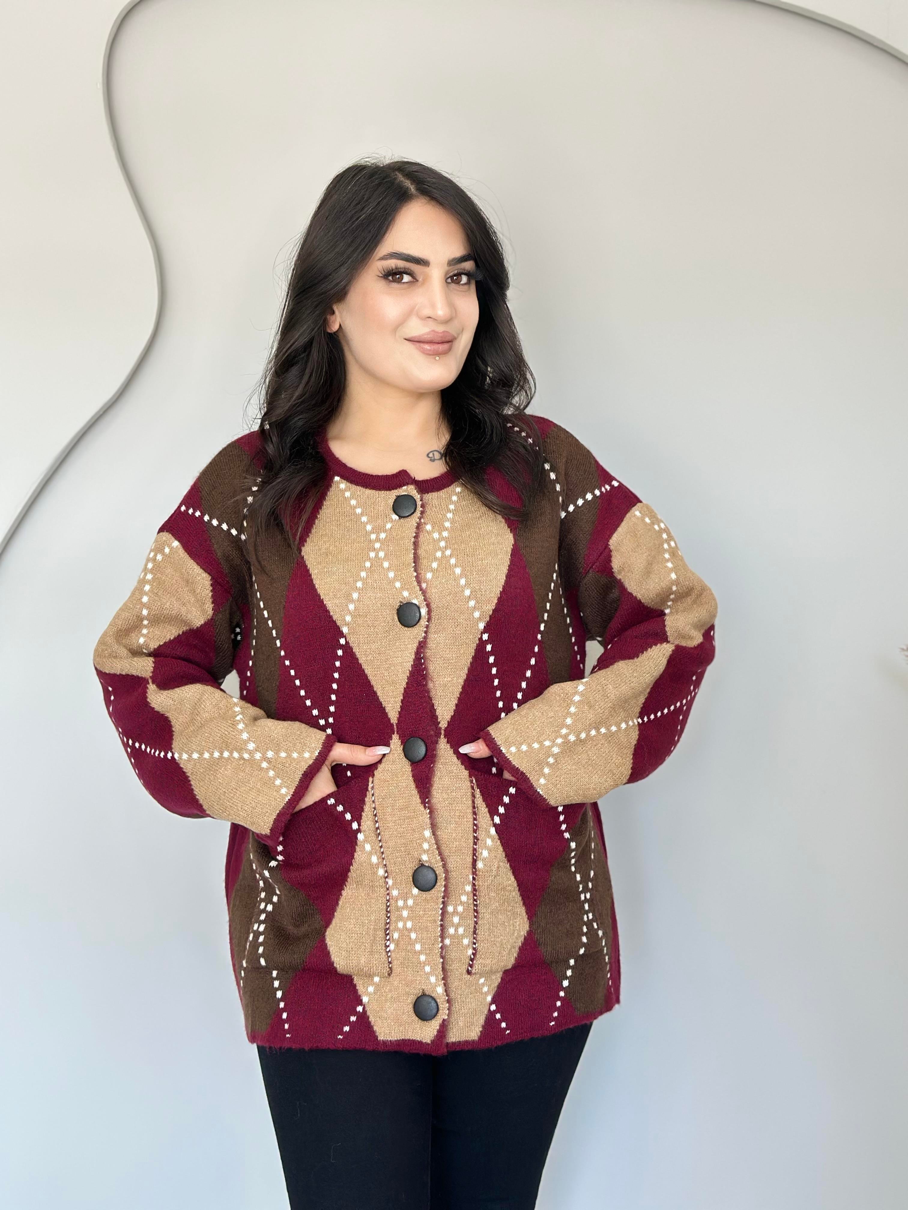 Dune Camel Düğmeli Cepli Oversize Baklava Desen Triko Hırka U5656