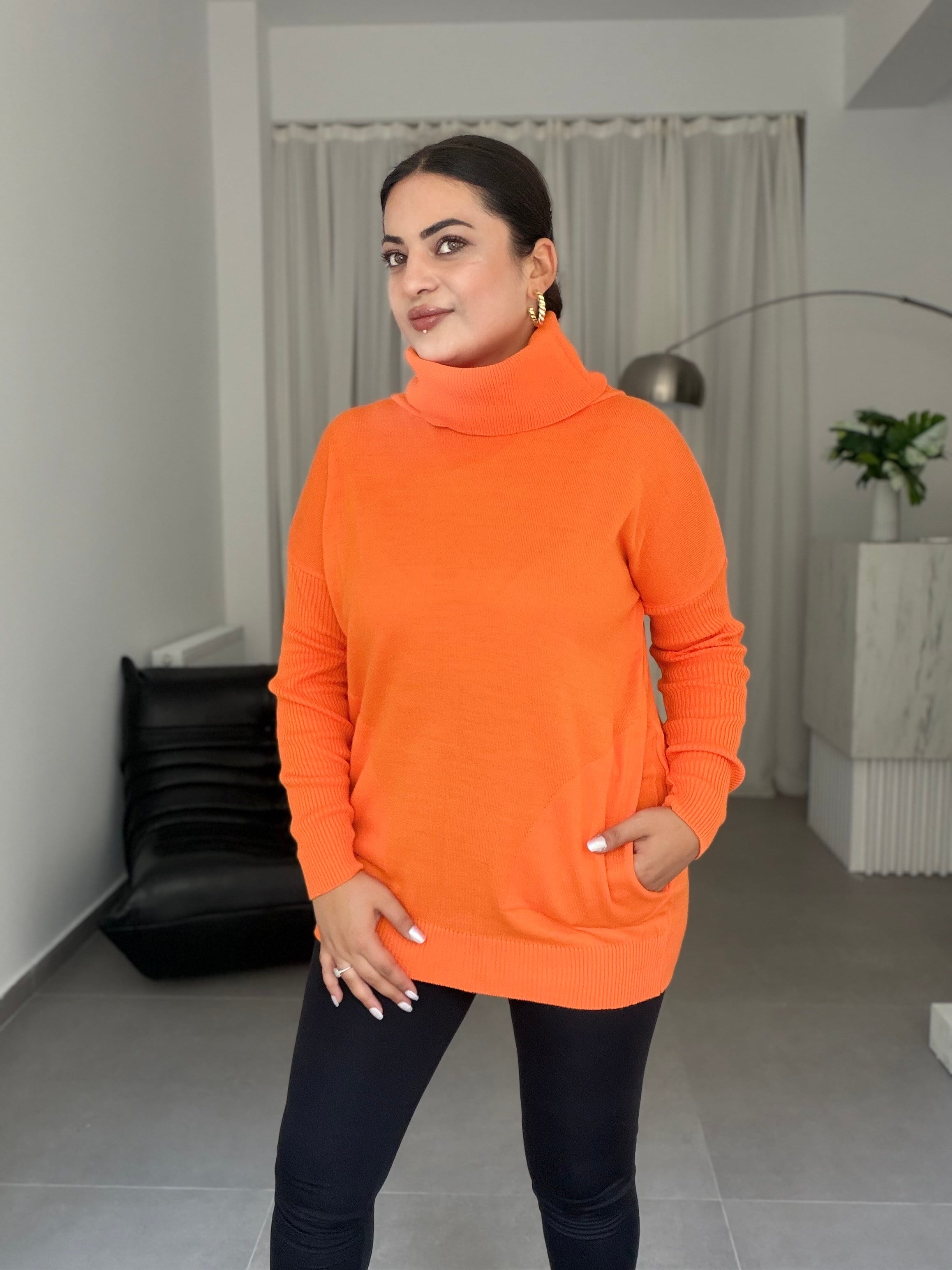 Fanny Balıkçı Yaka Cepli Selanik Triko Kazak Turuncu