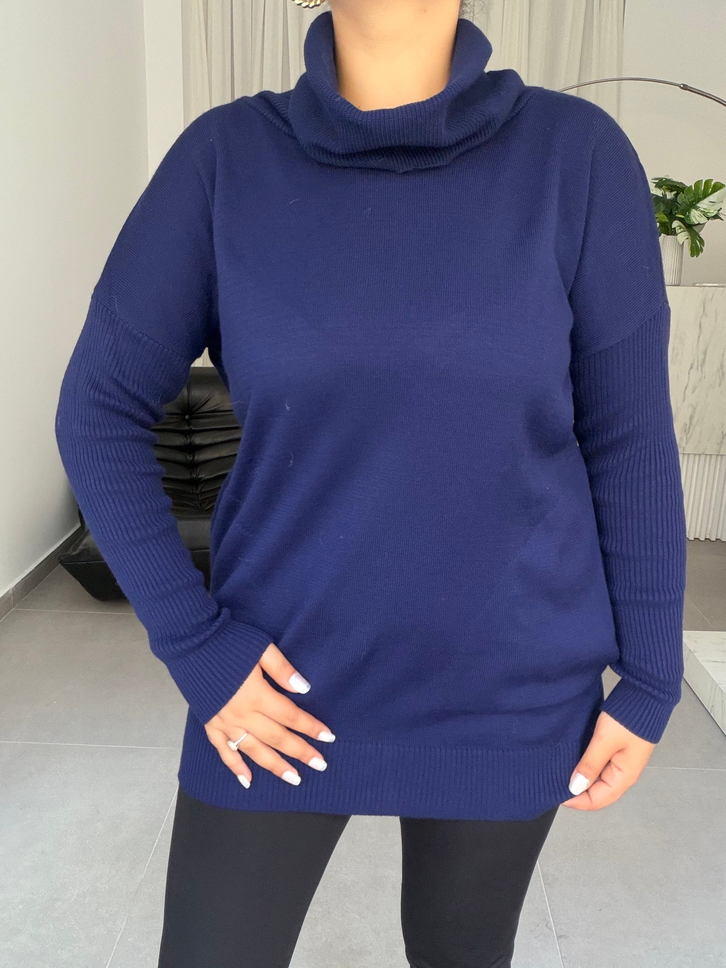 Fanny Balıkçı Yaka Cepli Selanik Triko Kazak Lacivert 
