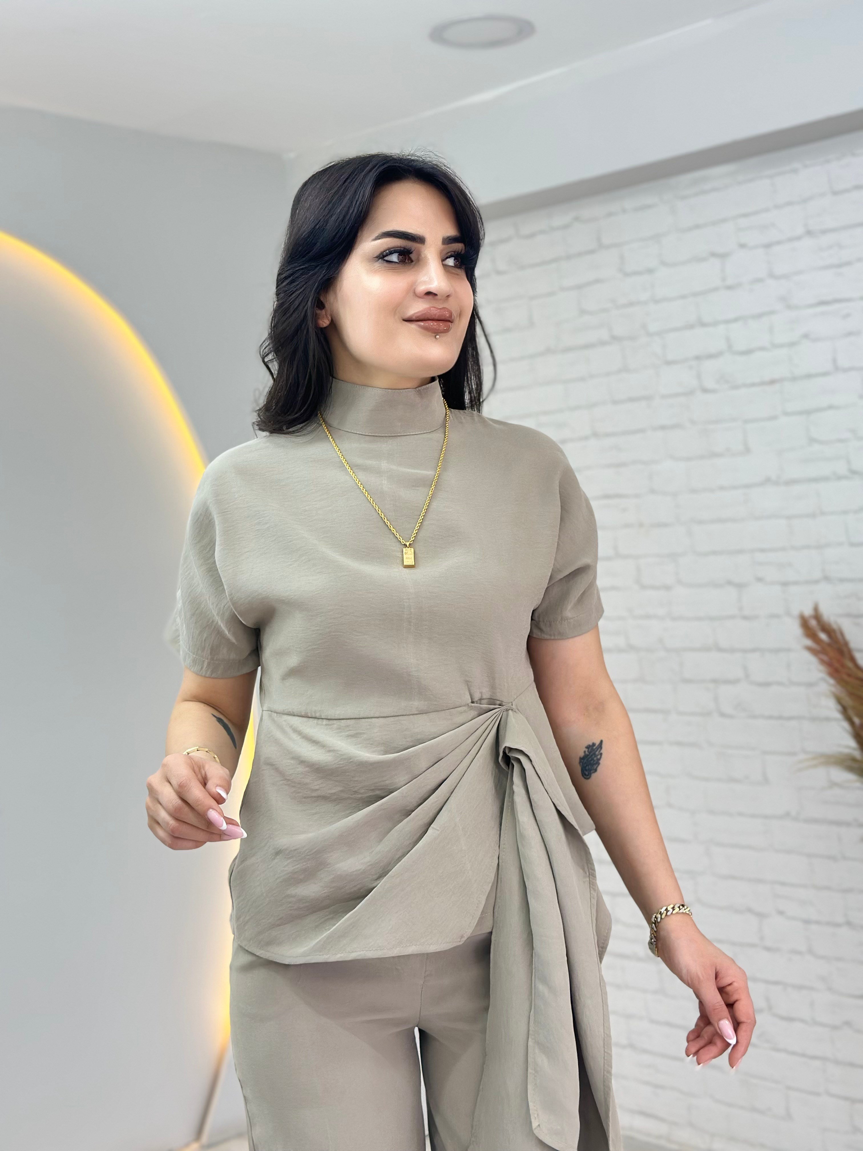 Fazza Vizon Düğümlü Kısa Kol Bluz Pantolon Takım D118
