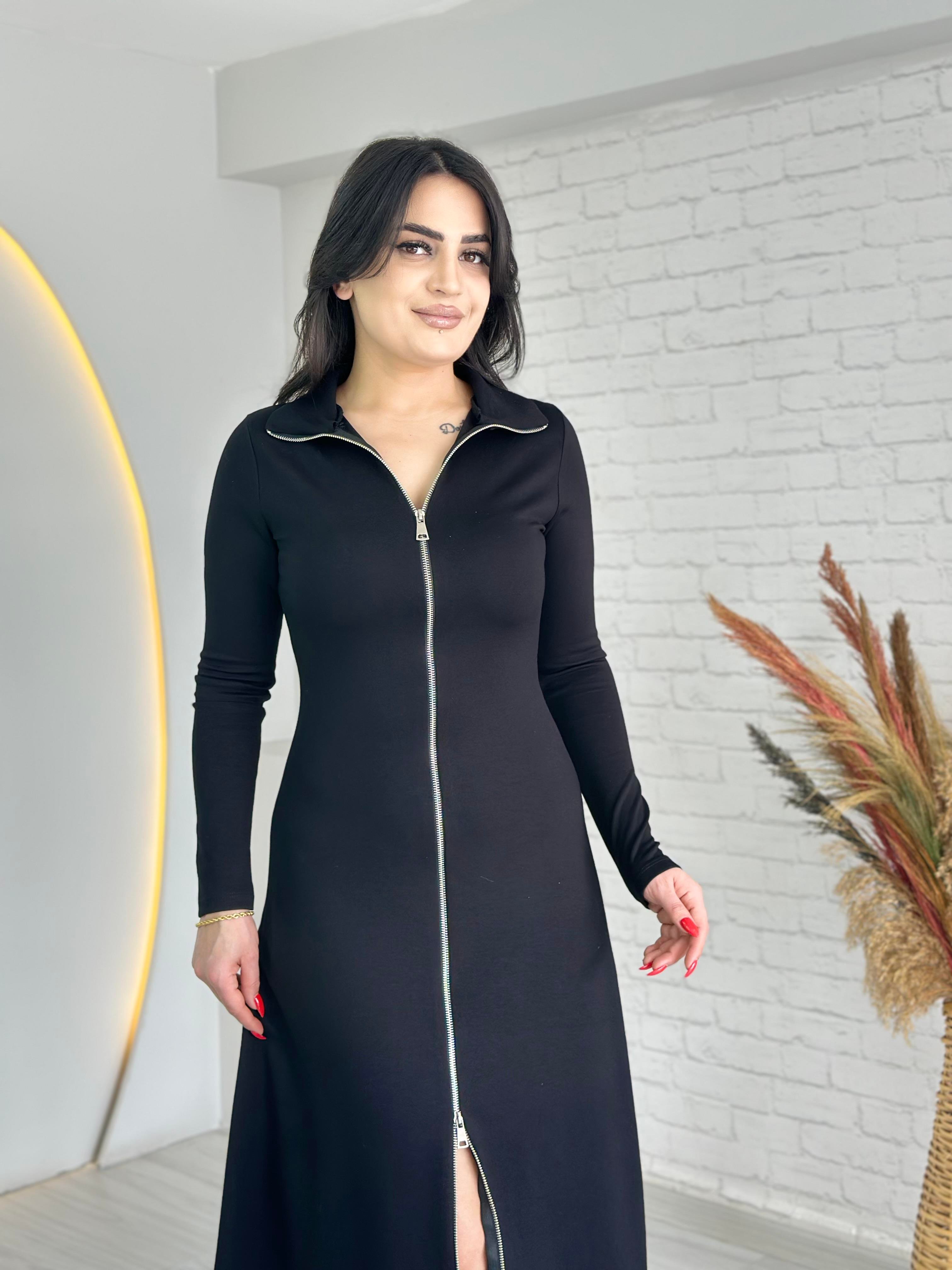 Feni Siyah Çift Fermuarlı Midi Boy Elbise D006