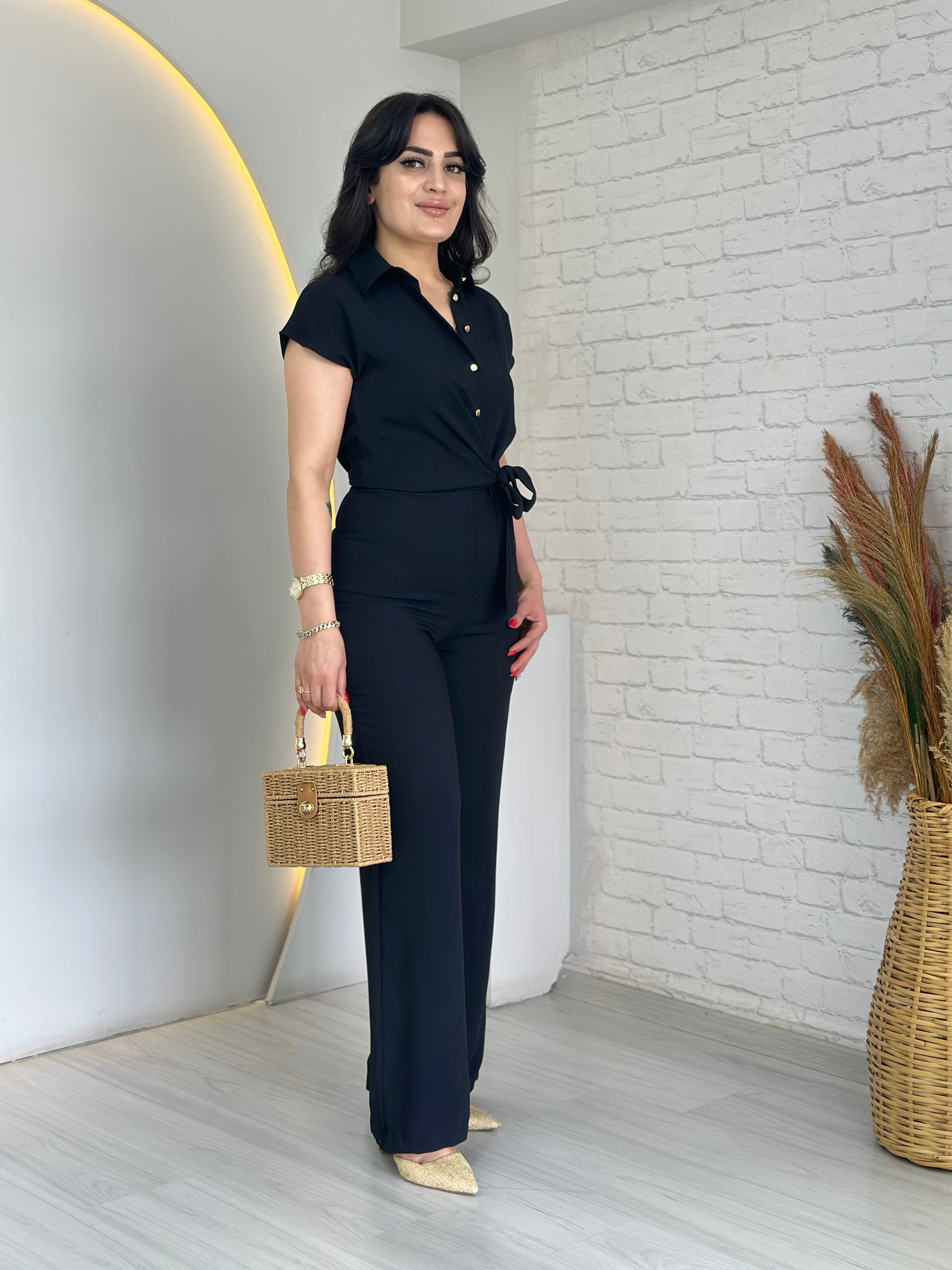 Ferzo Siyah Kuşak Detaylı Fermuarlı Tulum D099