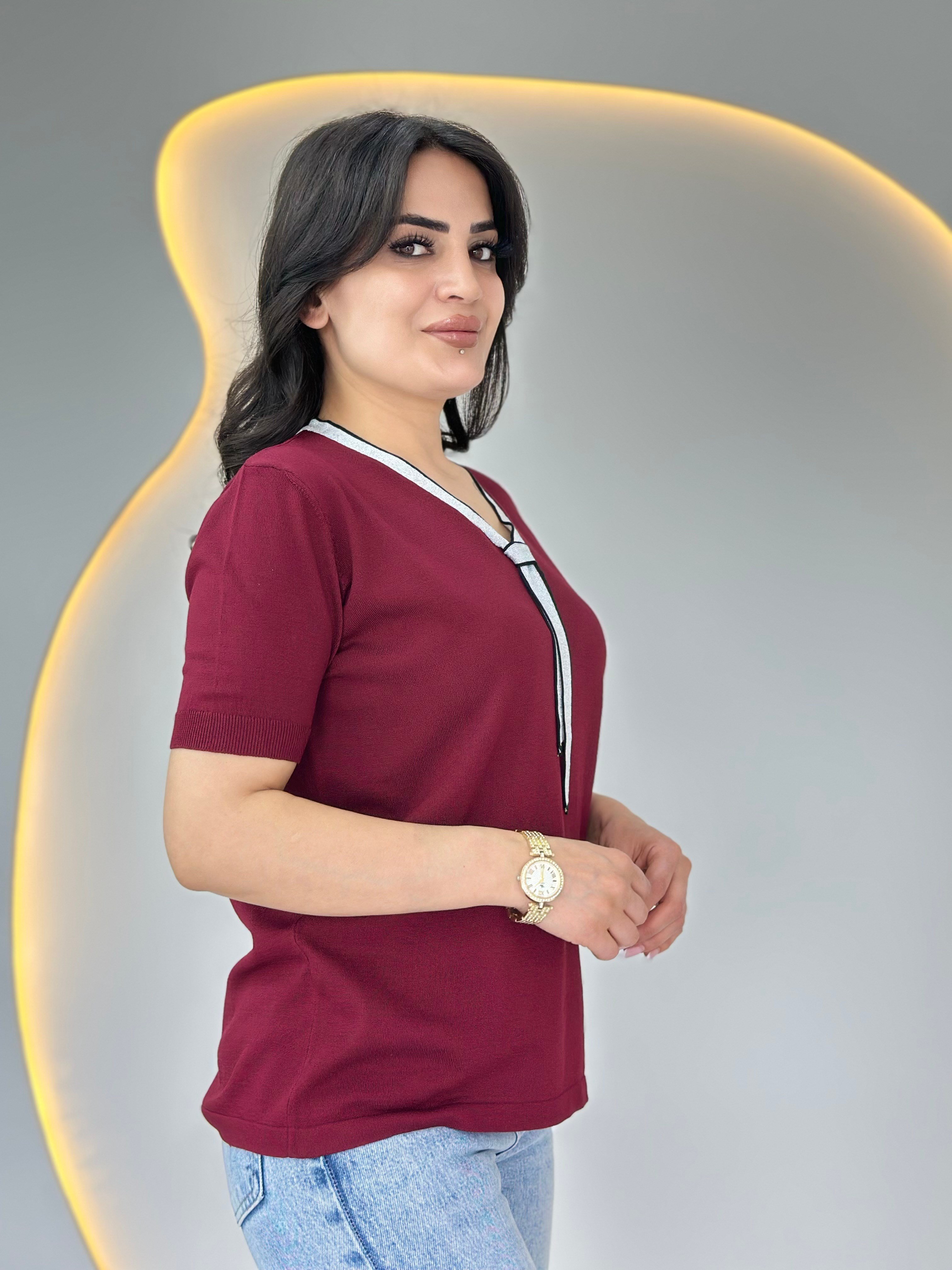 Figo Bordo V Yaka İnce Fular Detaylı Merserize Bluz D130