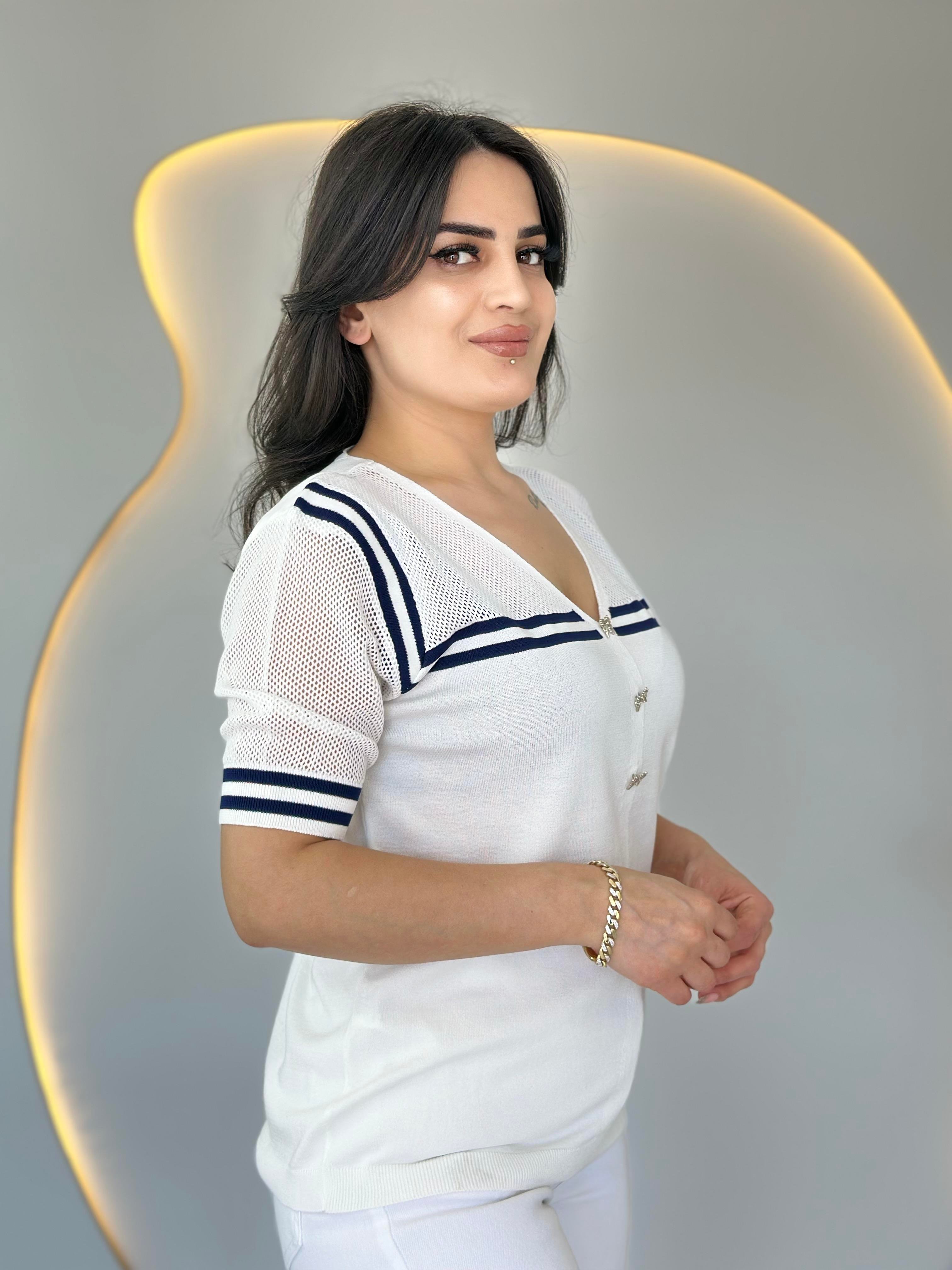 File Beyaz V Yaka Denizci Model Çelik Merserize Bluz D020