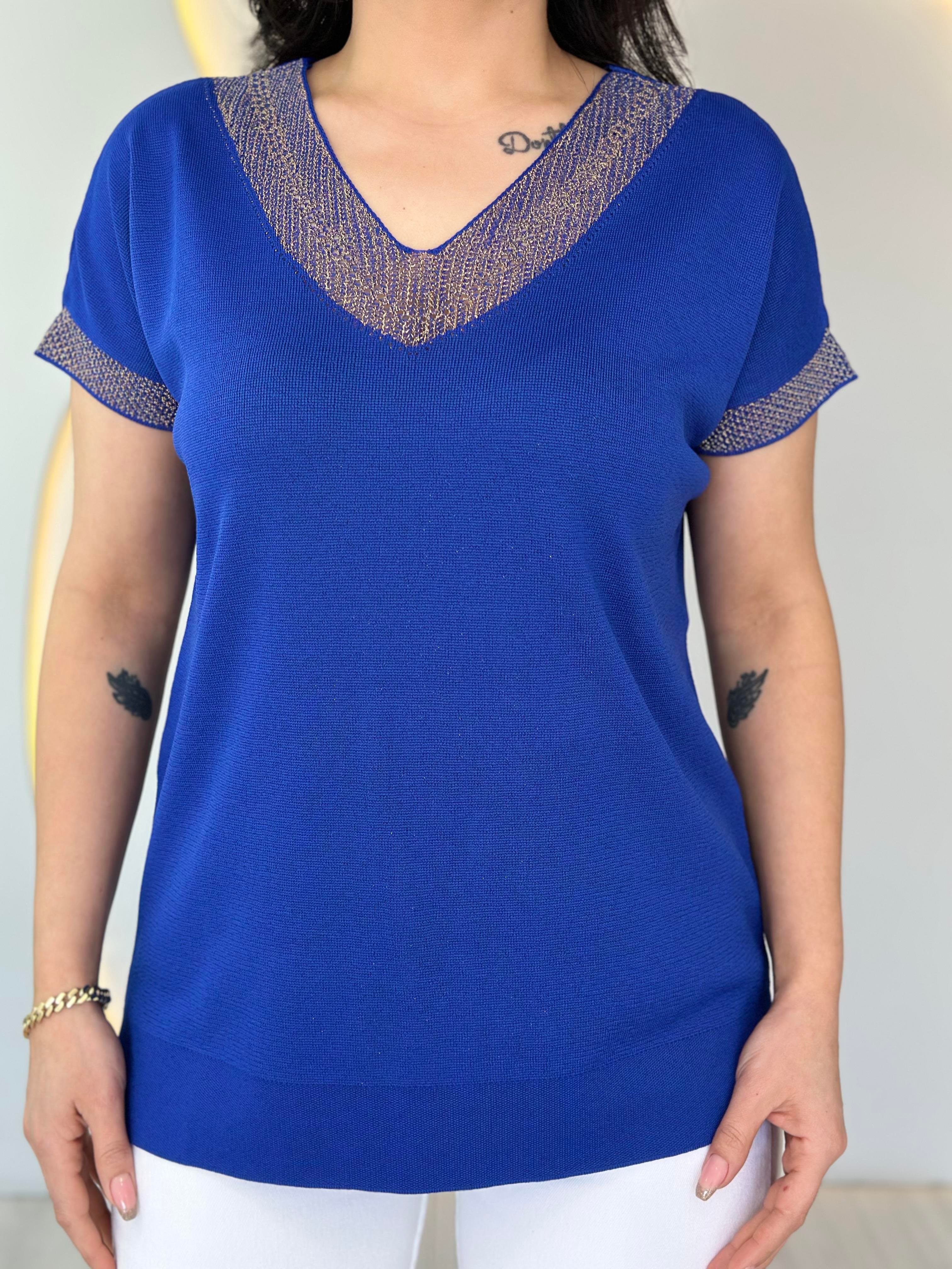 Fione Saks V Yaka Sim İşlemeli Merserize Bluz D016