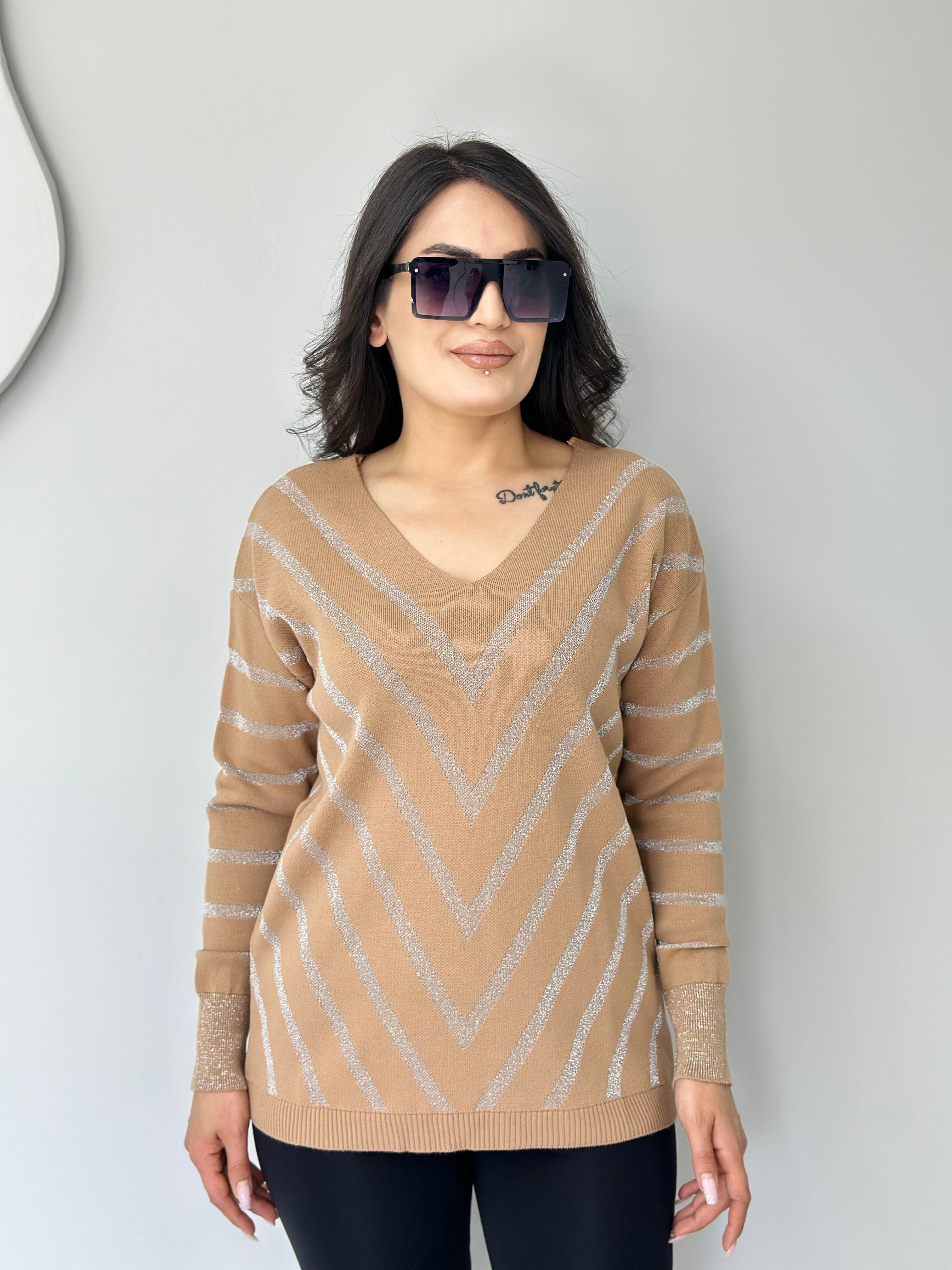 Flok Camel Simli V Yaka Simli Şeritli Triko Kazak A315