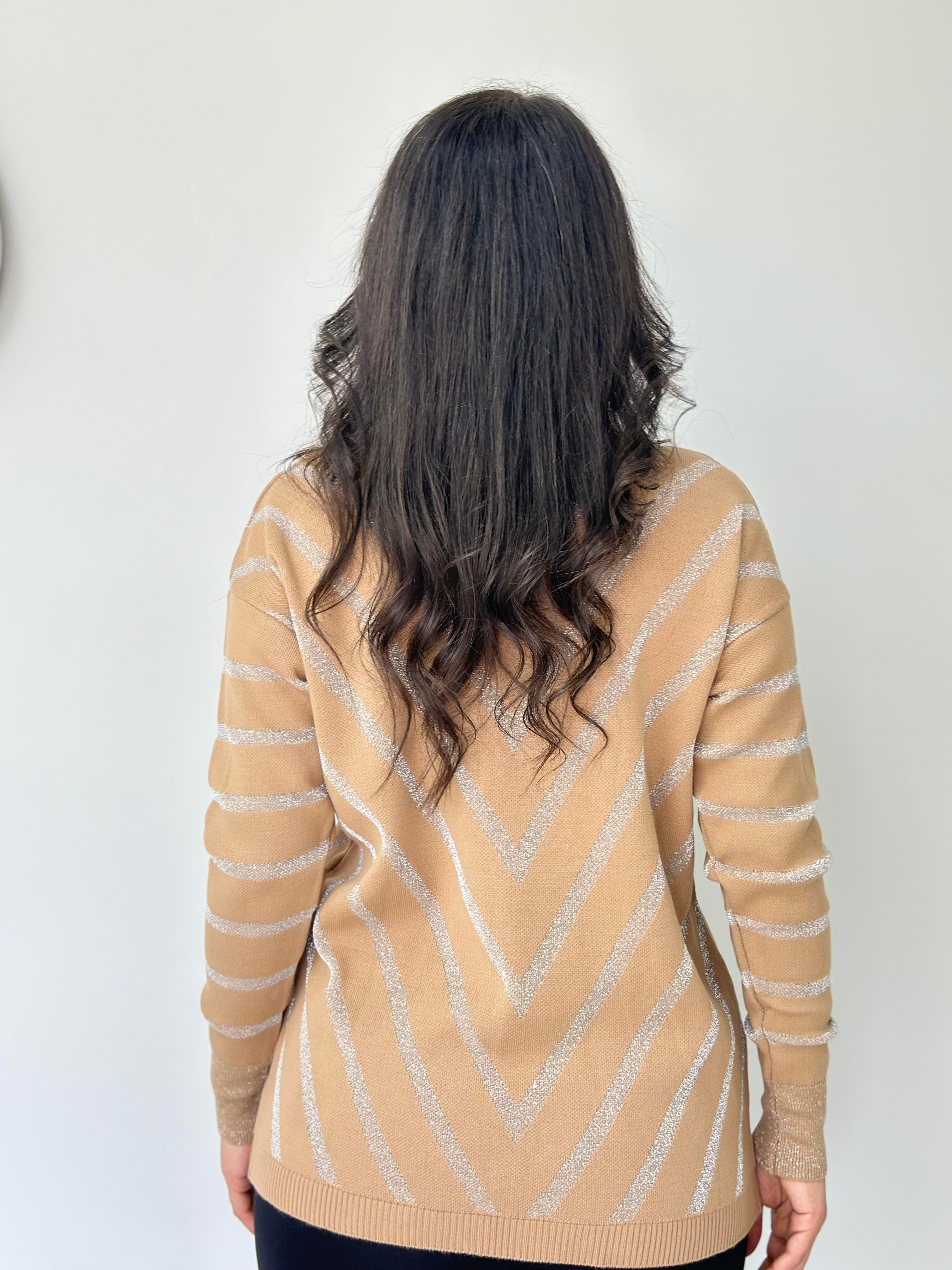 Flok Camel Simli V Yaka Simli Şeritli Triko Kazak A315