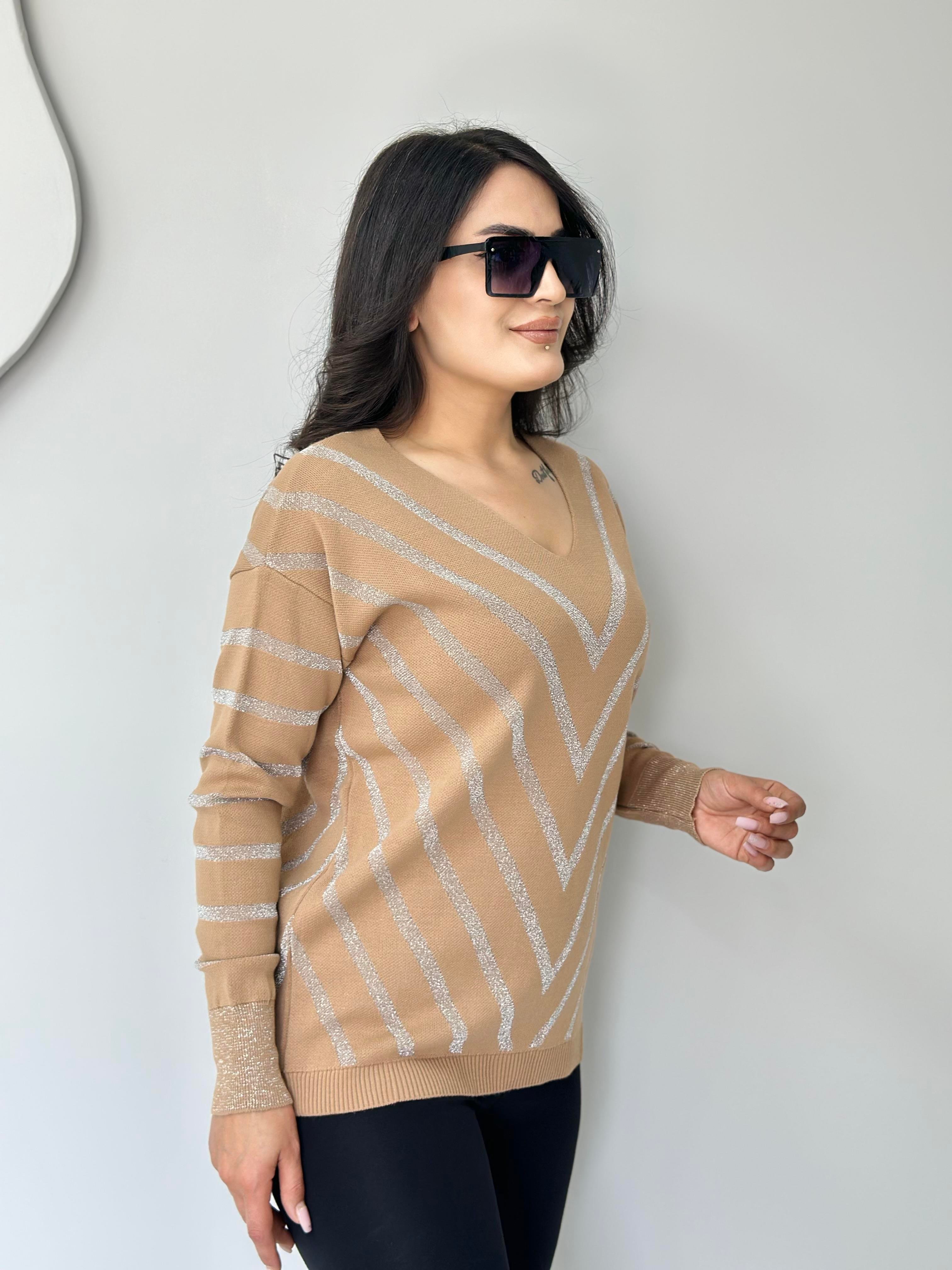 Flok Camel Simli V Yaka Simli Şeritli Triko Kazak A315