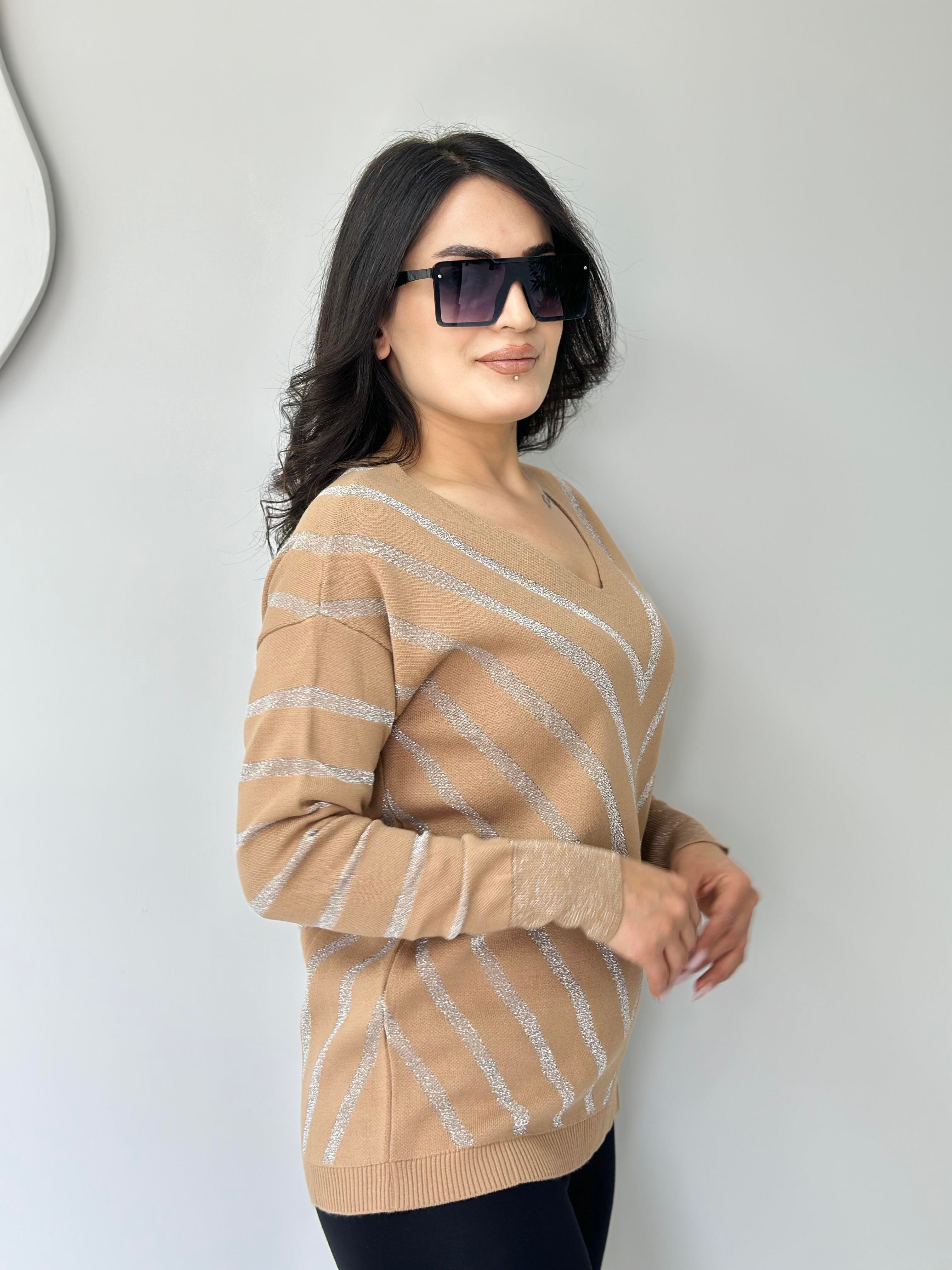 Flok Camel Simli V Yaka Simli Şeritli Triko Kazak A315