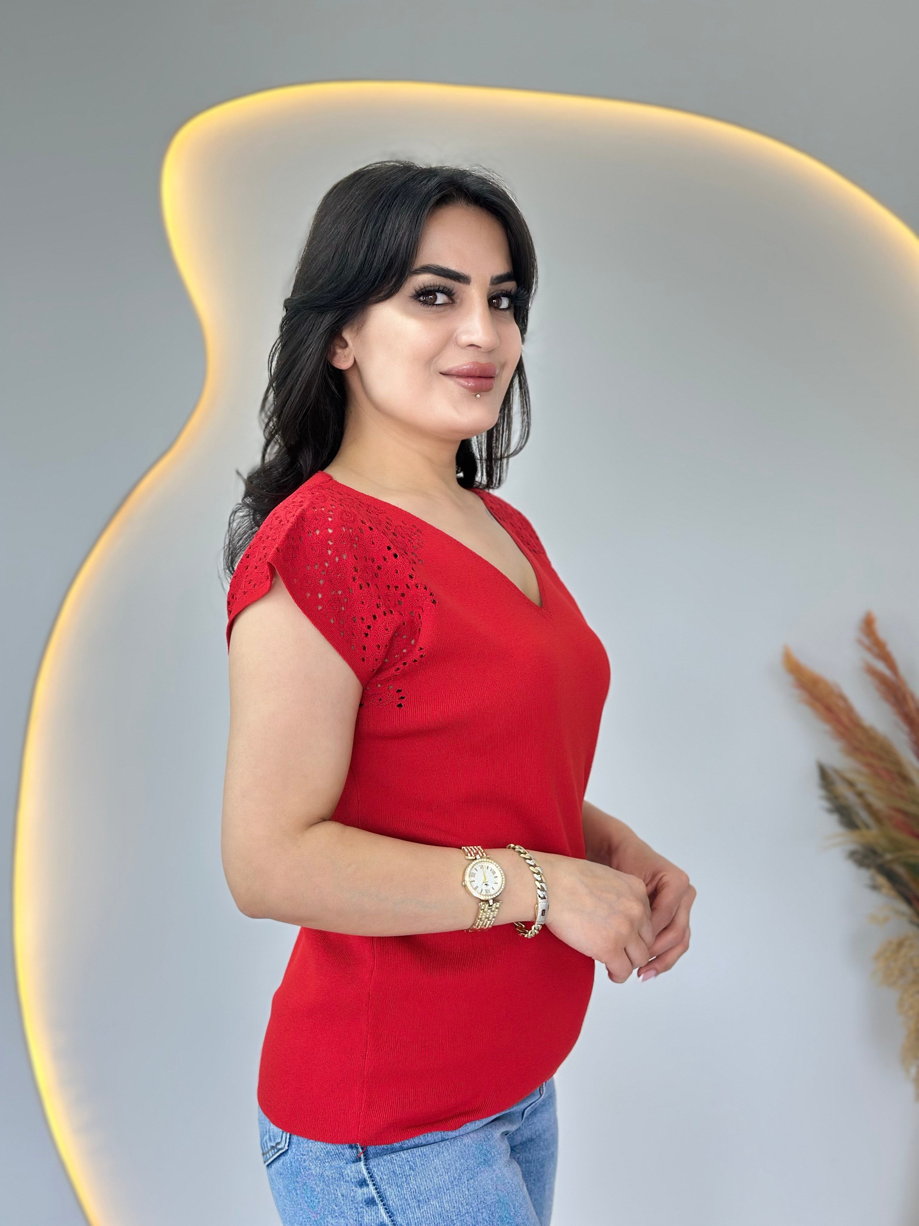 Fore Kırmızı V Yaka Ajurlu Mevsimlik Triko Bluz A105