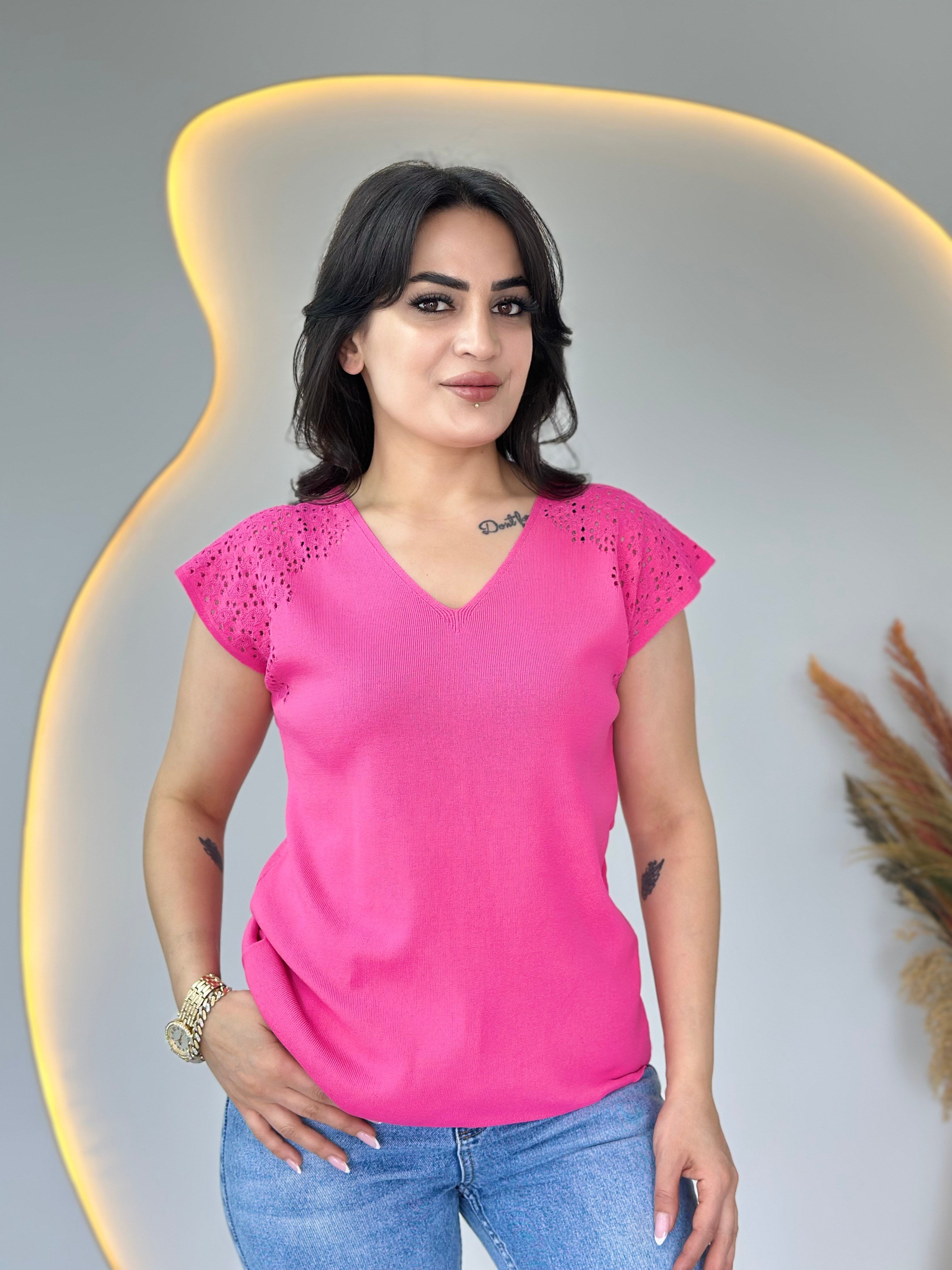 Fore Pembe V Yaka Ajurlu Mevsimlik Triko Bluz A105