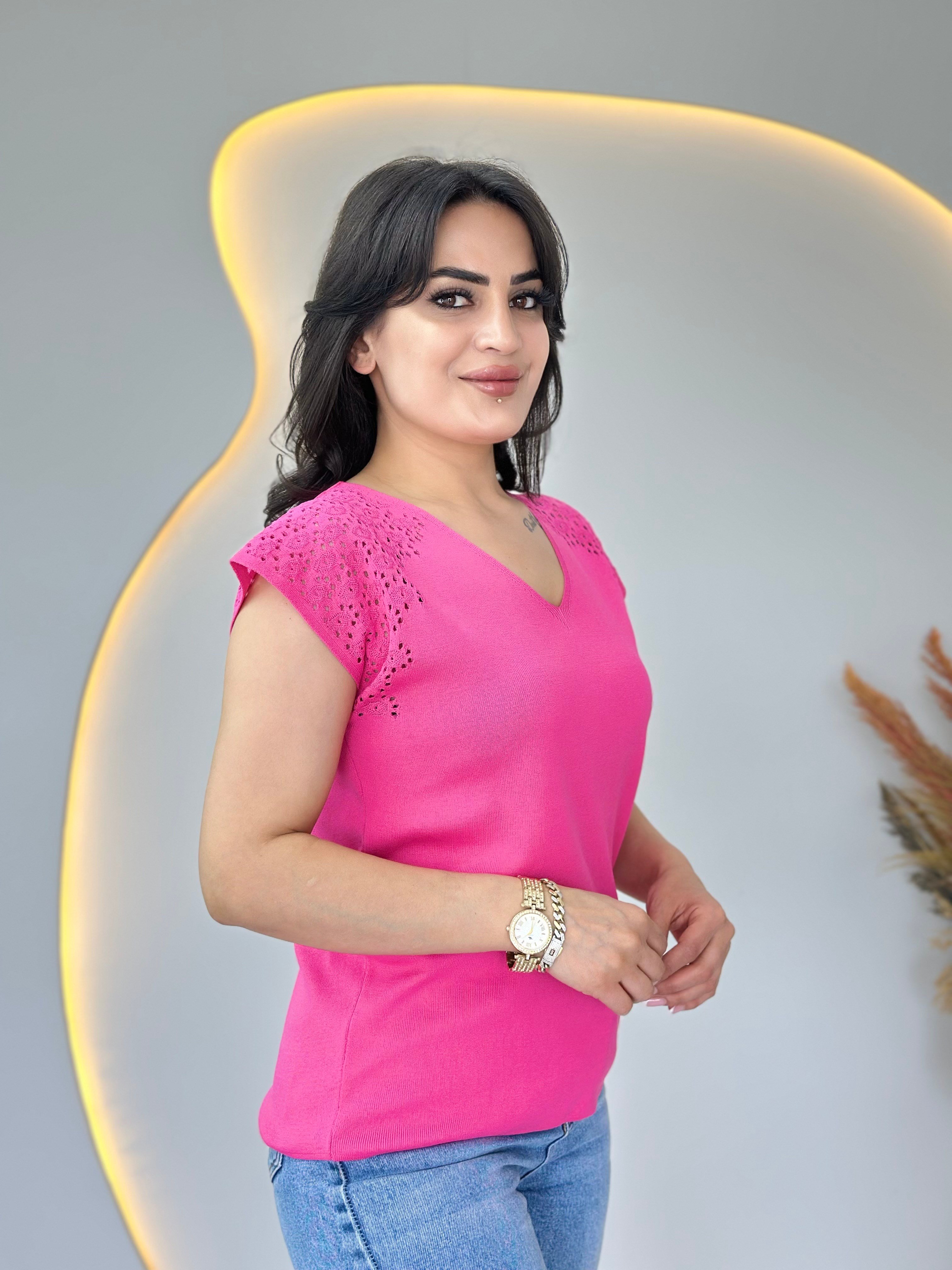 Fore Pembe V Yaka Ajurlu Mevsimlik Triko Bluz A105