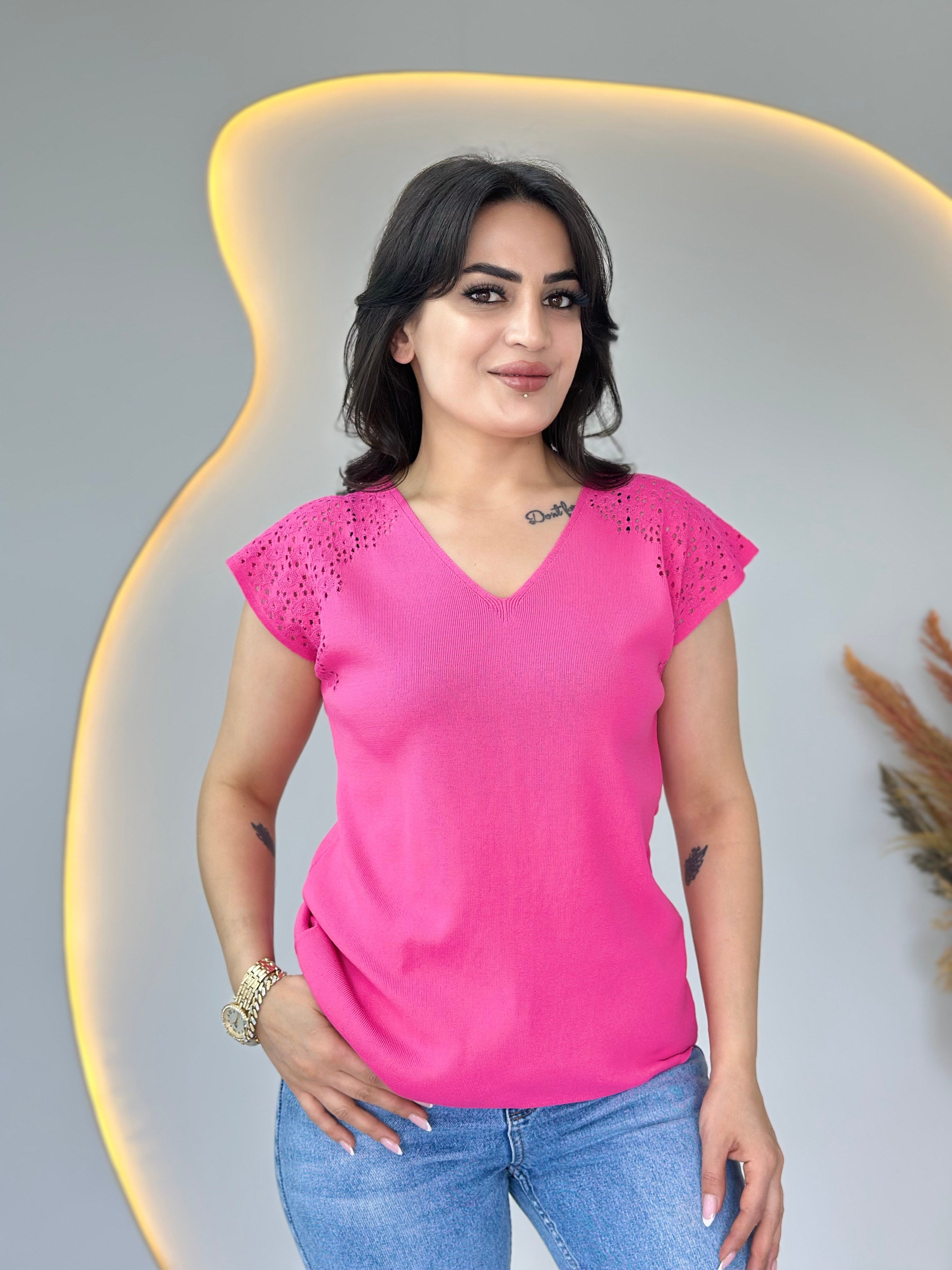 Fore Pembe V Yaka Ajurlu Mevsimlik Triko Bluz A105