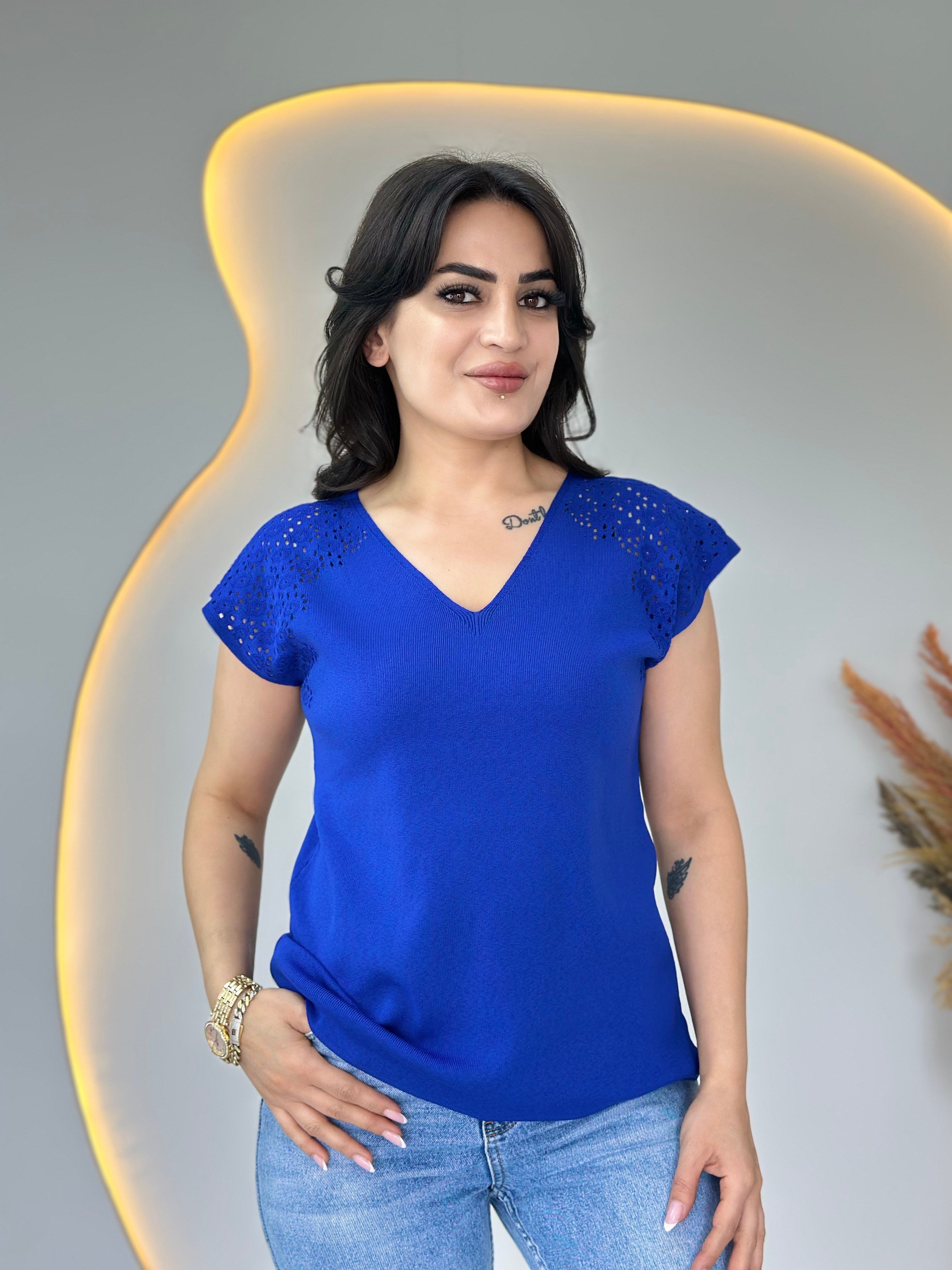 Fore Saks Mavi V Yaka Ajurlu Mevsimlik Triko Bluz A105