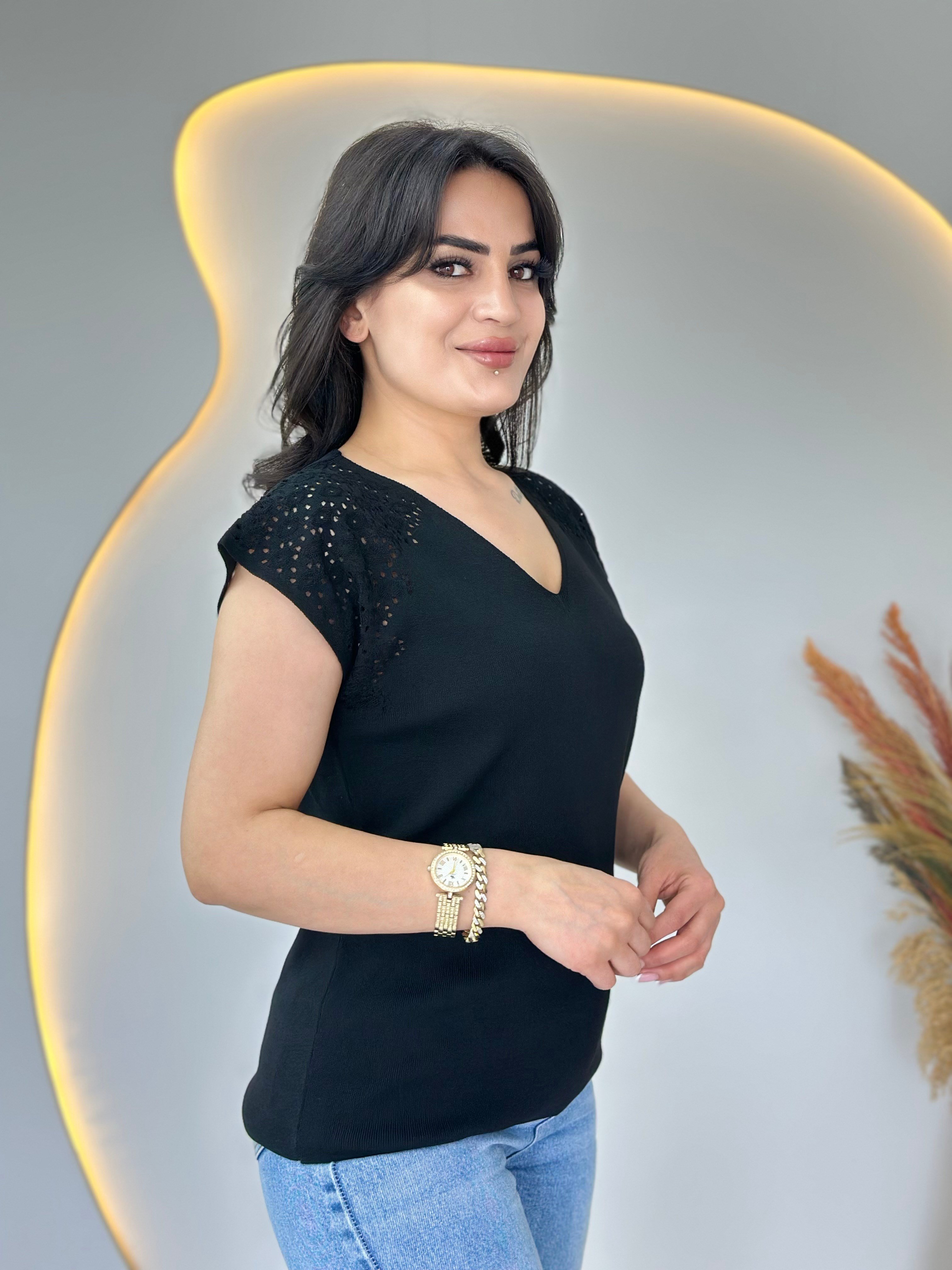Fore Siyah V Yaka Ajurlu Mevsimlik Triko Bluz A105