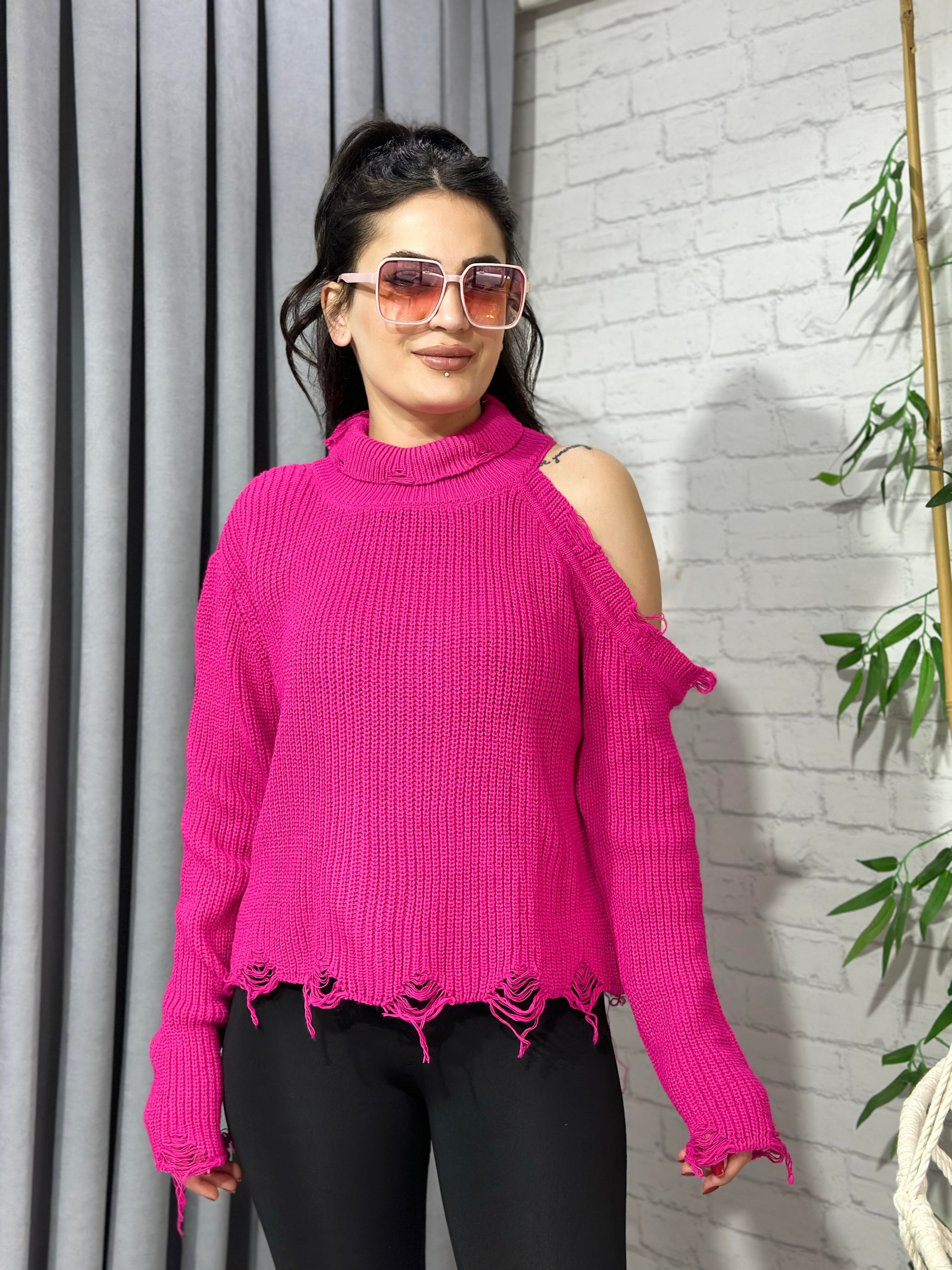 Fuşya Tek Omuz Dekolteli Triko Kazak 