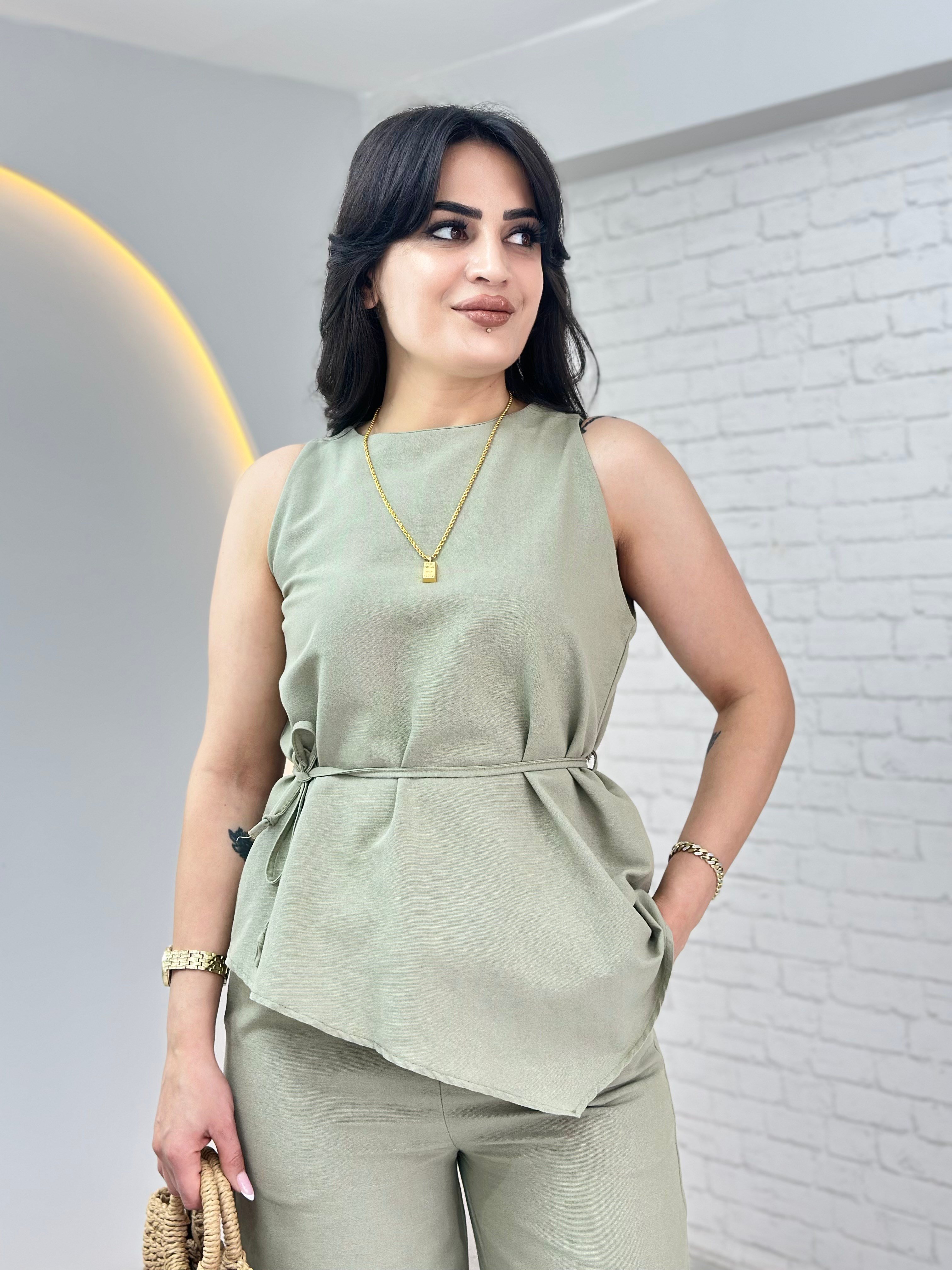 Gaus Haki Bağlama Detaylı Bluz Pantolon Keten Takım D117