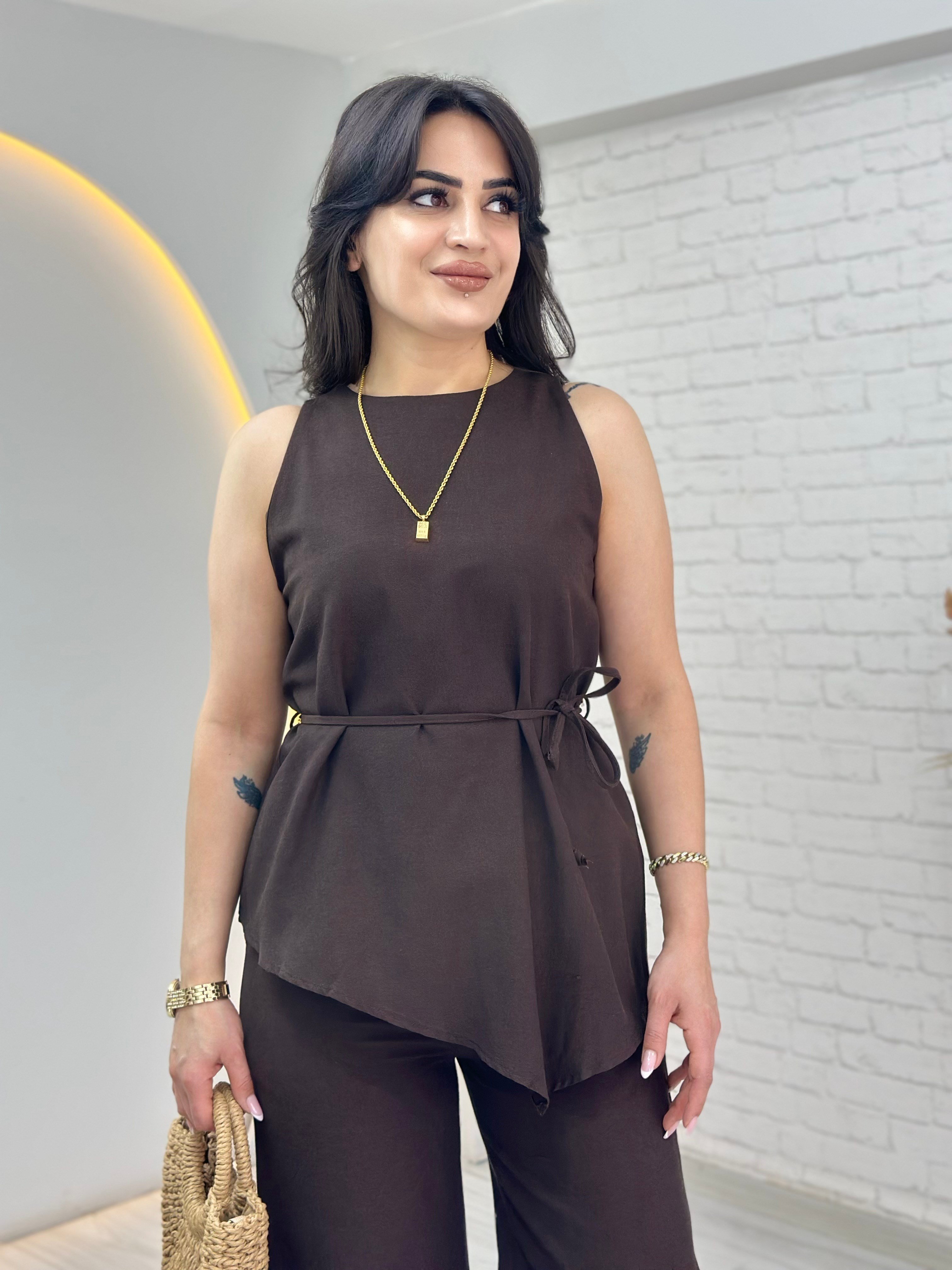 Gaus Kahverengi Bağlama Detaylı Bluz Pantolon Keten Takım D117