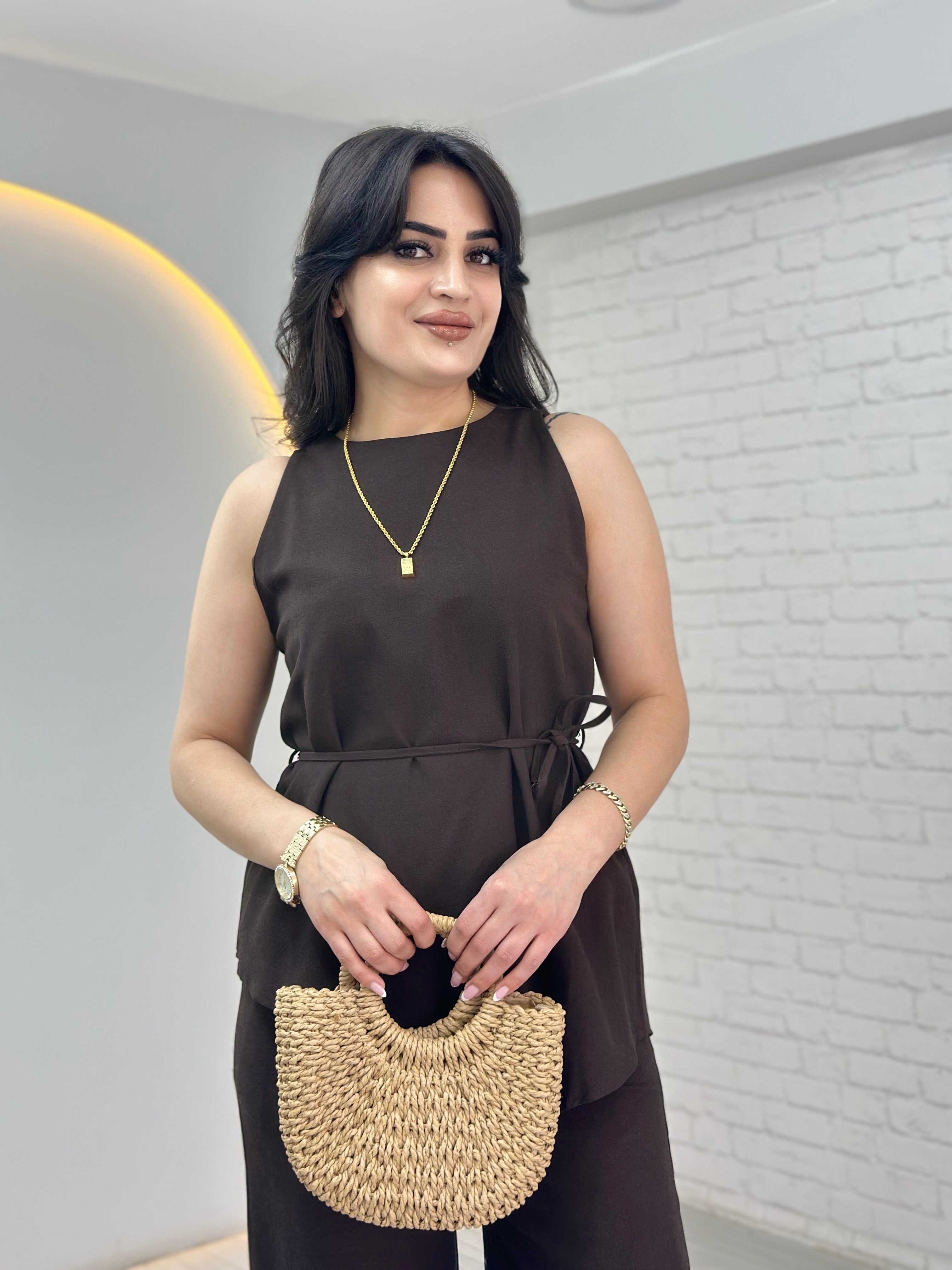 Gaus Kahverengi Bağlama Detaylı Bluz Pantolon Keten Takım D117