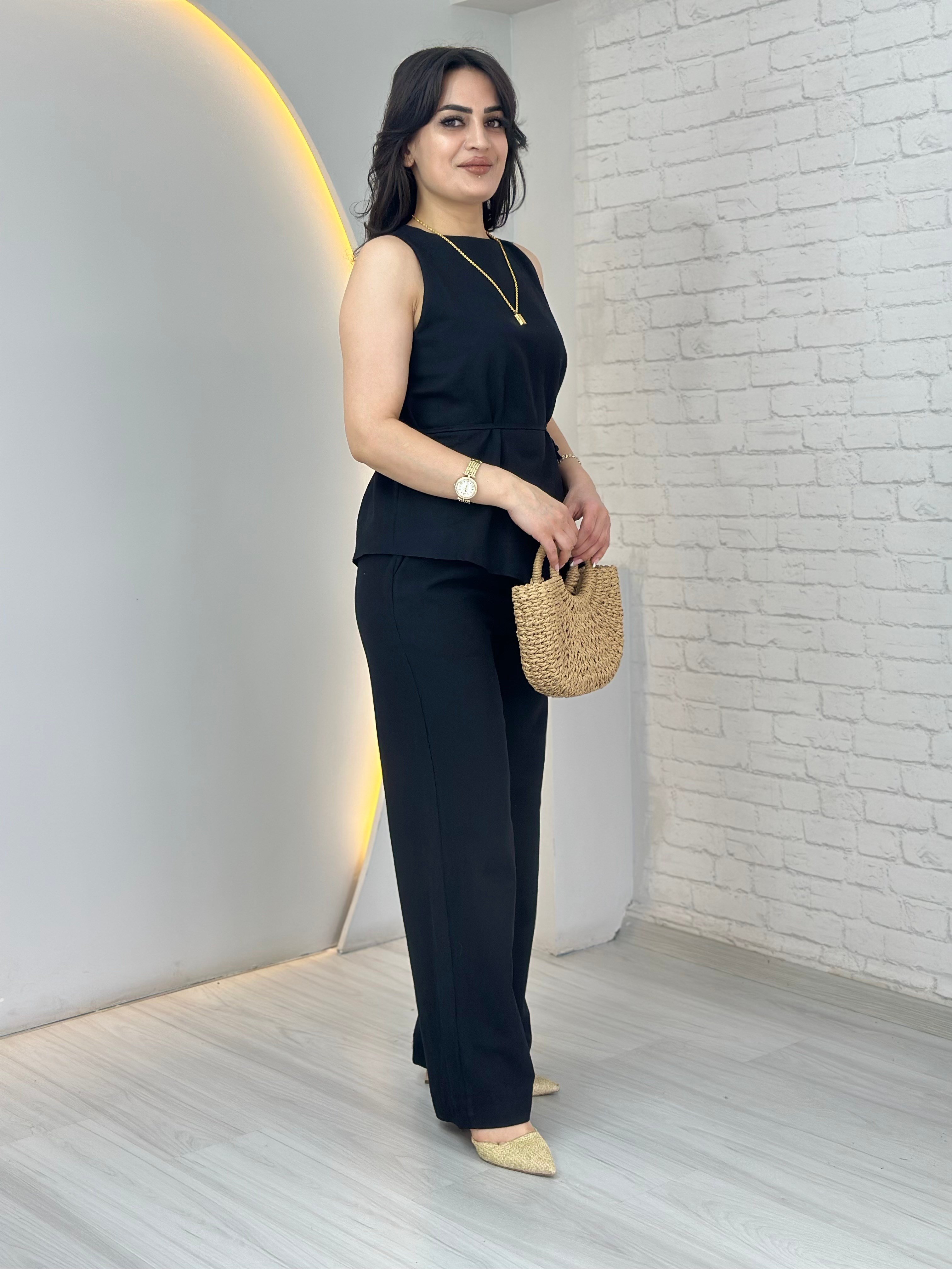 Gaus Siyah Bağlama Detaylı Bluz Pantolon Keten Takım D117