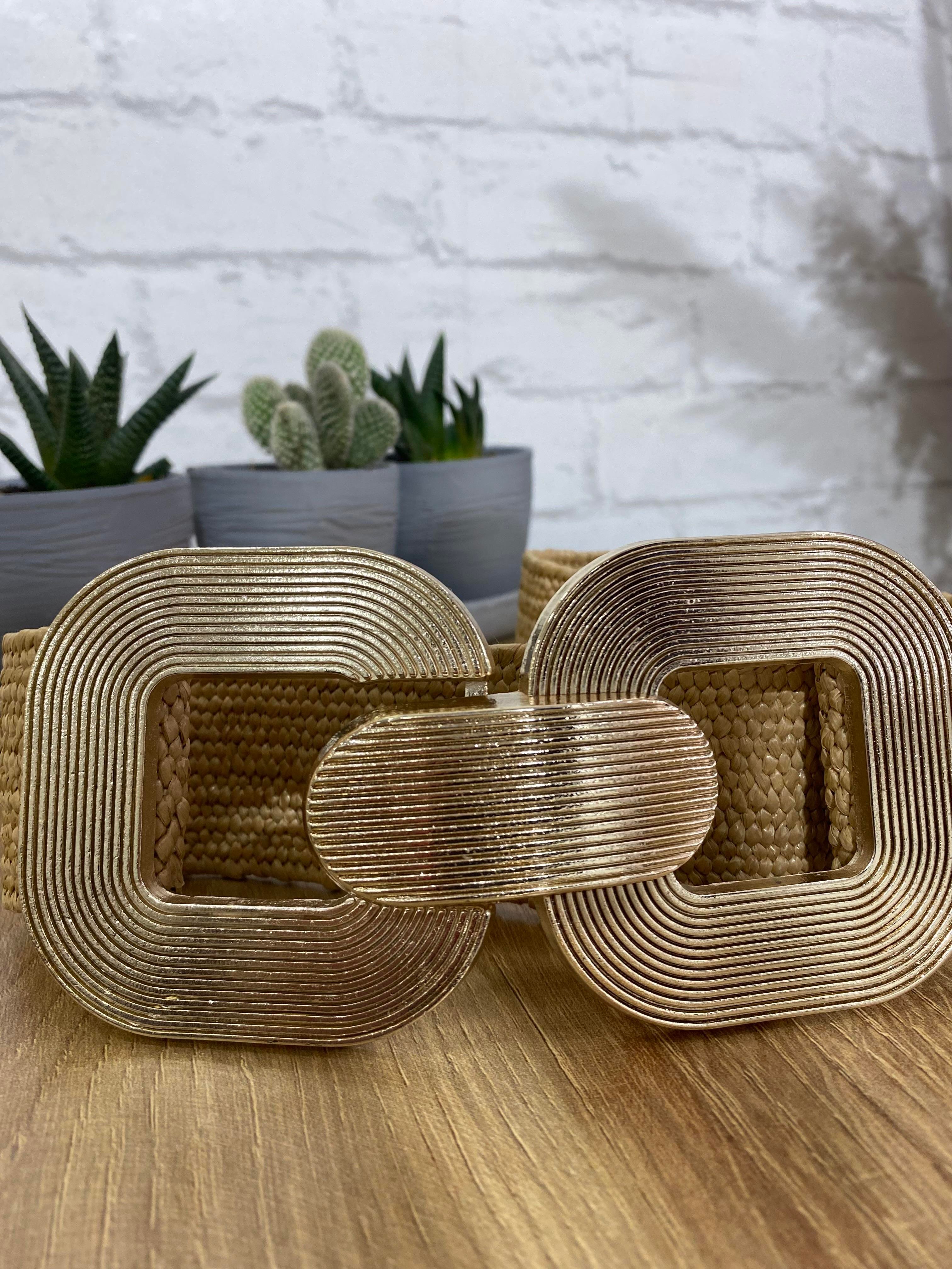Gold Oval Tokalı Geçmeli Hasır Kemer 