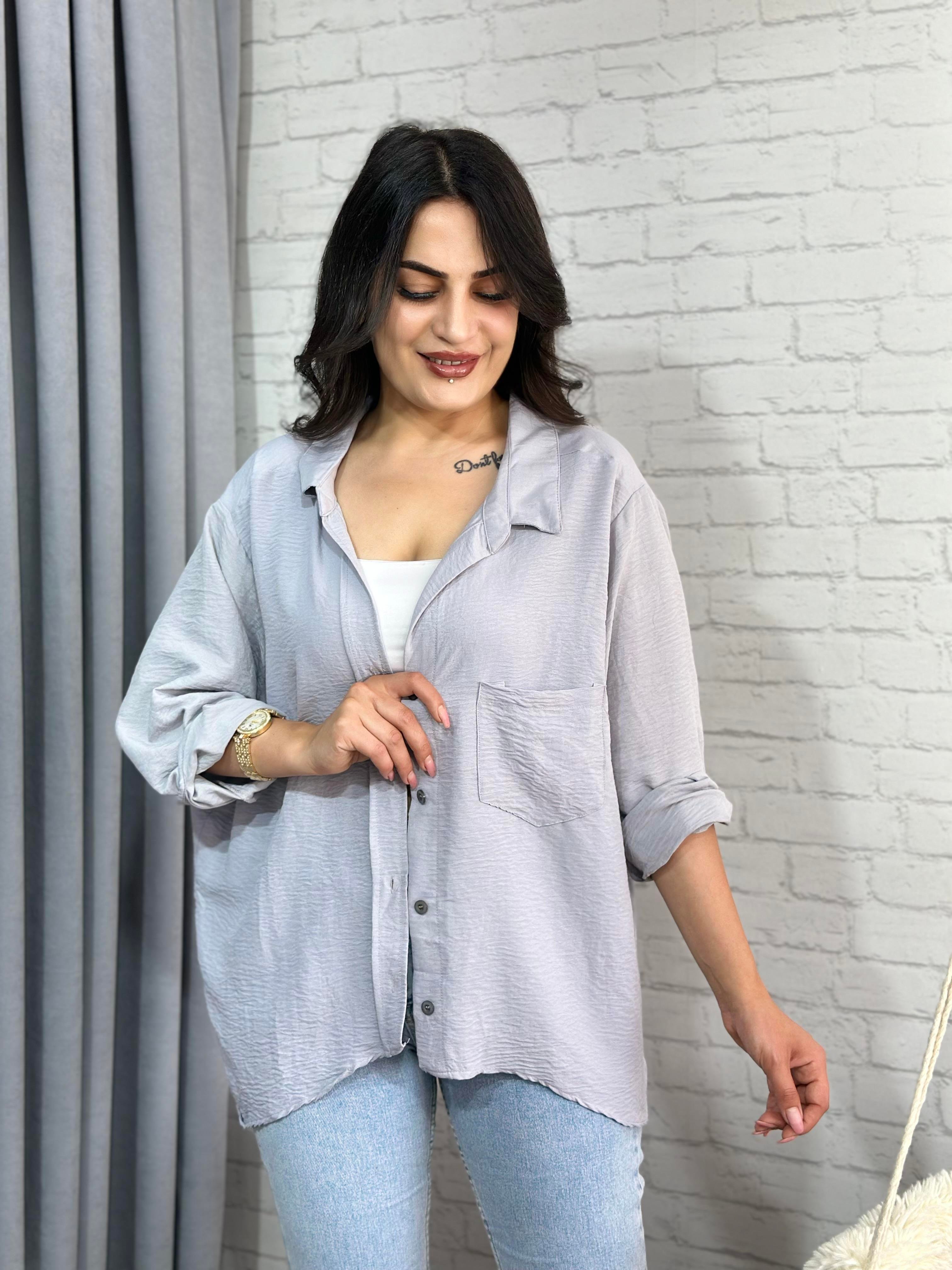 Gri Tensel Bambu Oversize Cepli Gömlek
