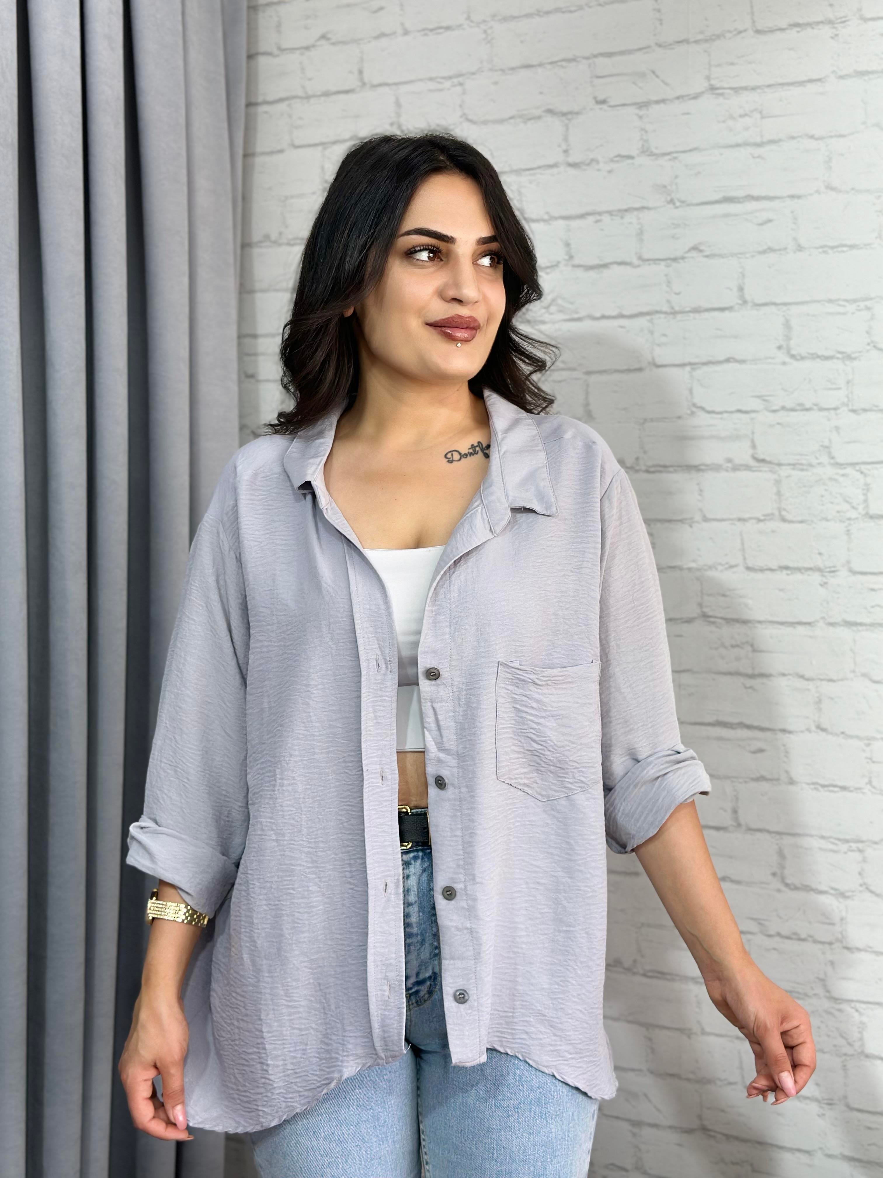 Gri Tensel Bambu Oversize Cepli Gömlek