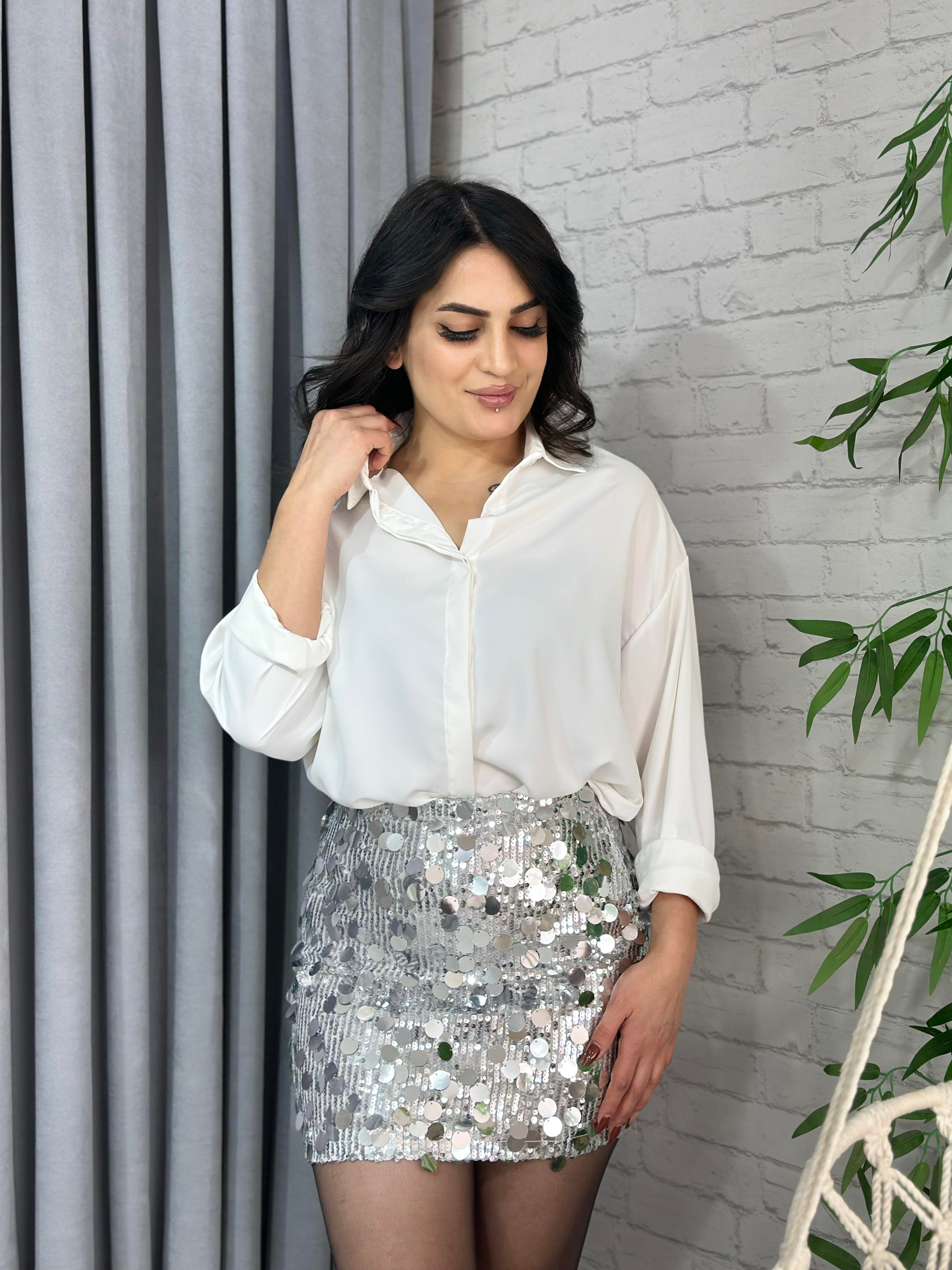 Gümüş Beli Lastikli Astarlı Pullu Payetli Etek A320