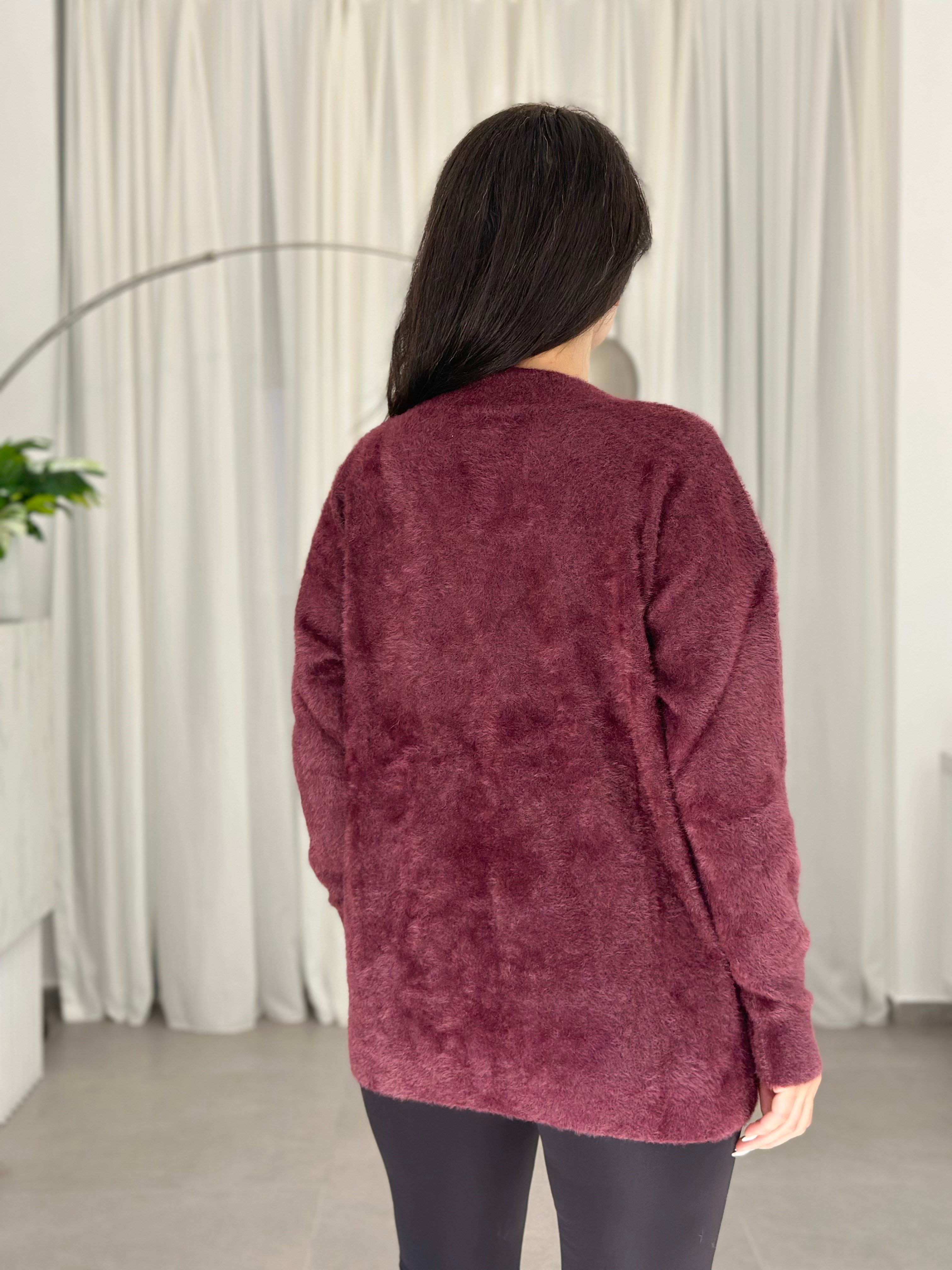 Hayla V Yaka Taş Ve İnci Detaylı Yumoş Triko Kazak Bordo