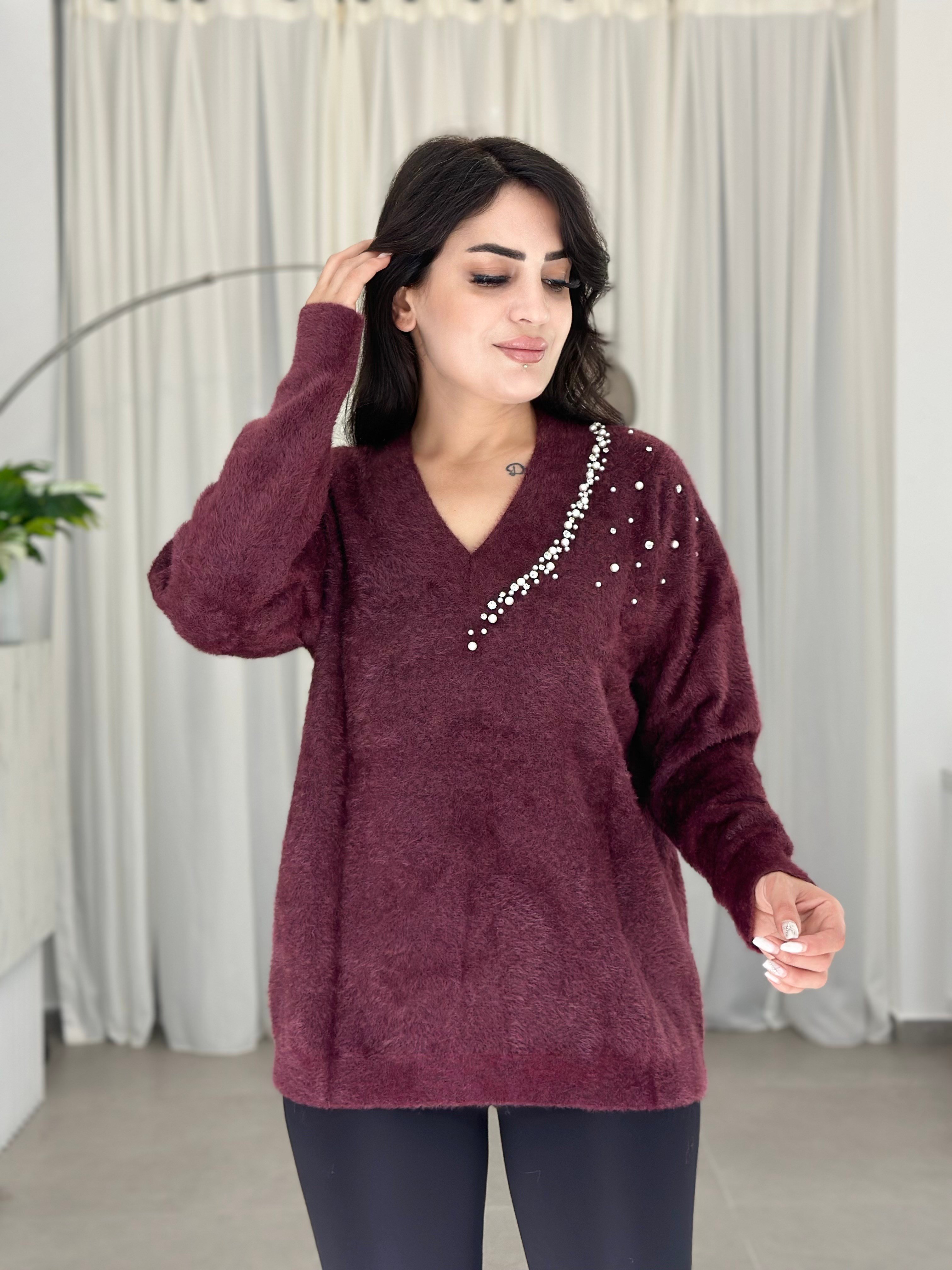 Hayla V Yaka Taş Ve İnci Detaylı Yumoş Triko Kazak Bordo