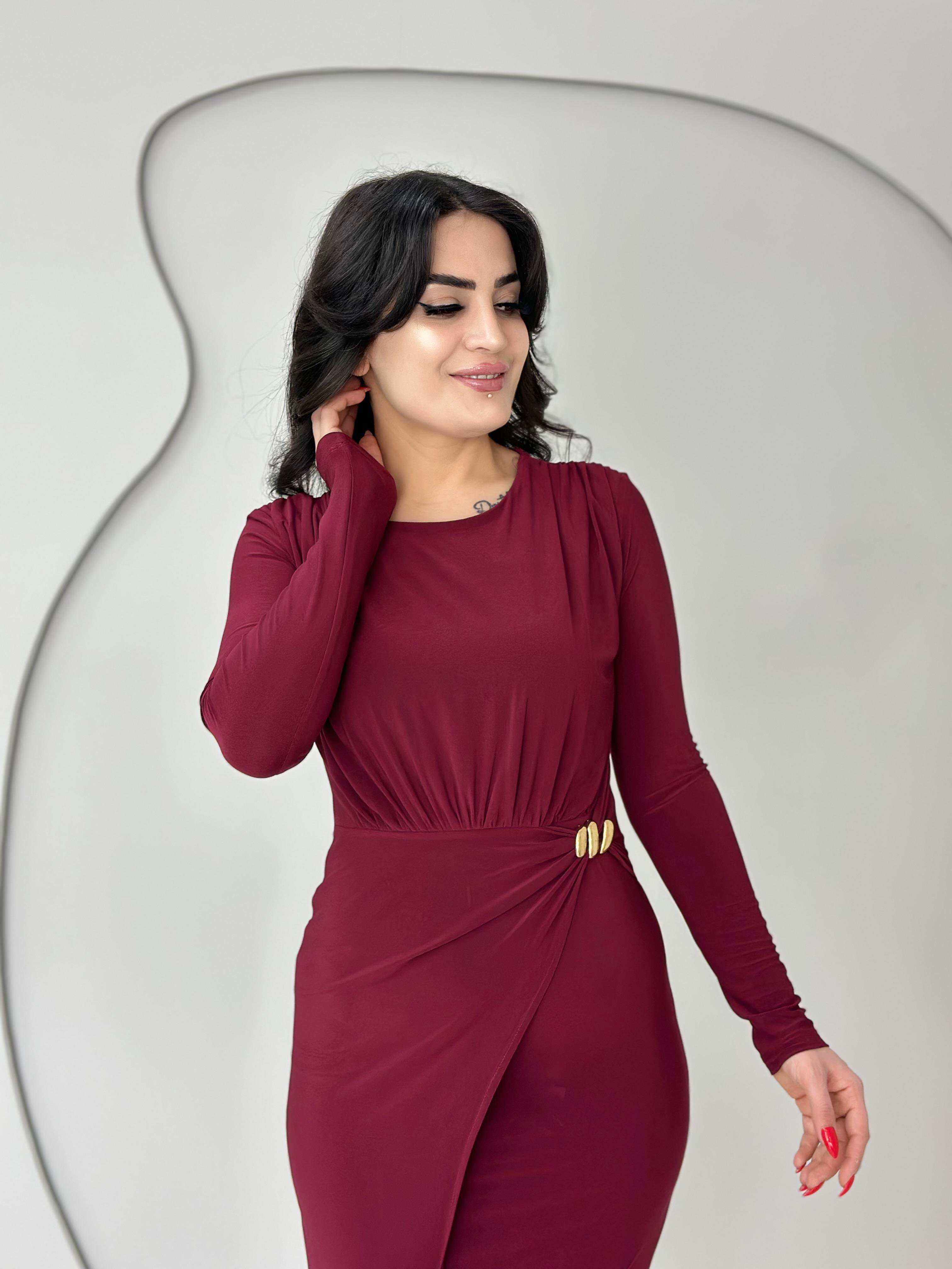 Hazego Bordo Bisiklet Yaka Gold Tokalı Sandy Kumaş Elbise D1111