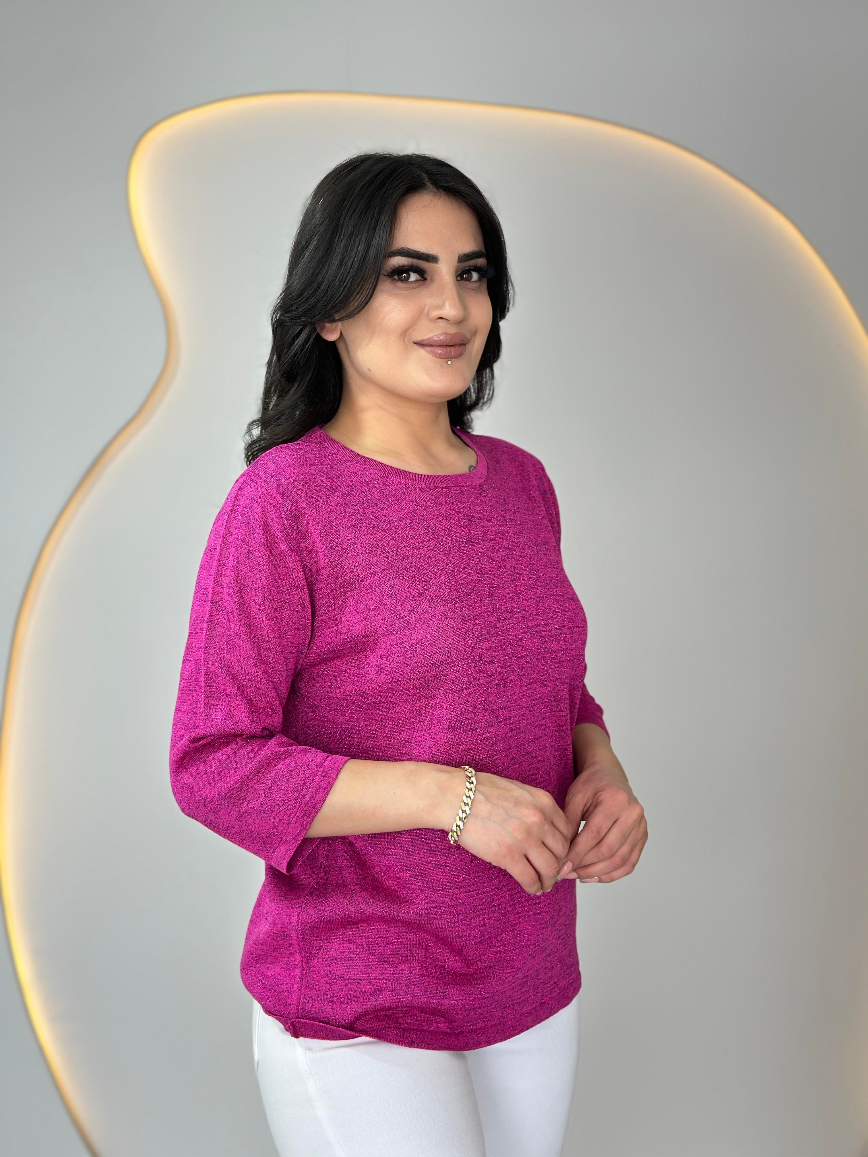 İlka Fuşya Bisiklet Yaka Sim İşlemeli Triko Buz D022