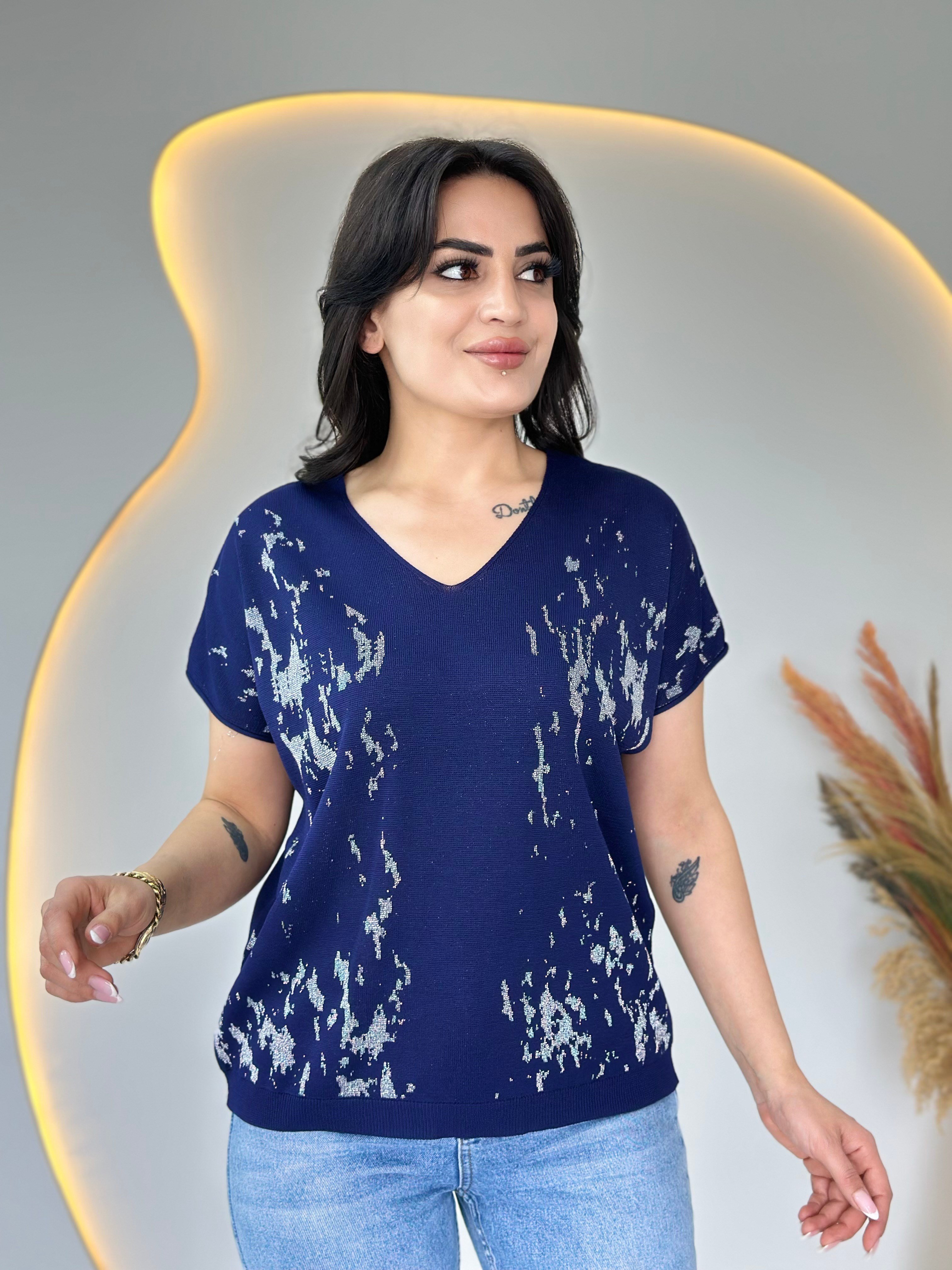 İnbo Lacivert V Yaka Batik Desenli Merserize Bluz D109