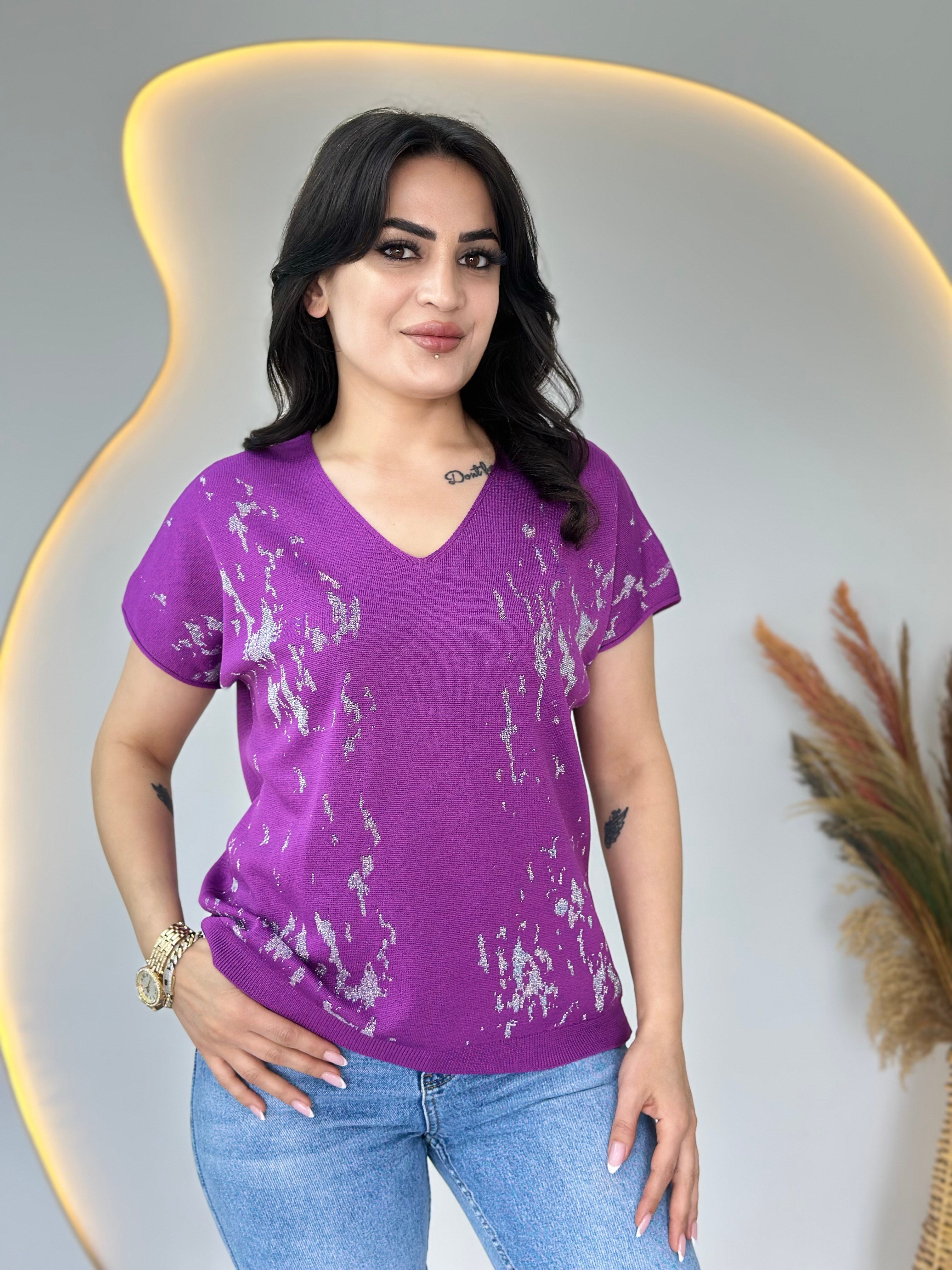 İnbo Mor V Yaka Batik Desenli Merserize Bluz D109