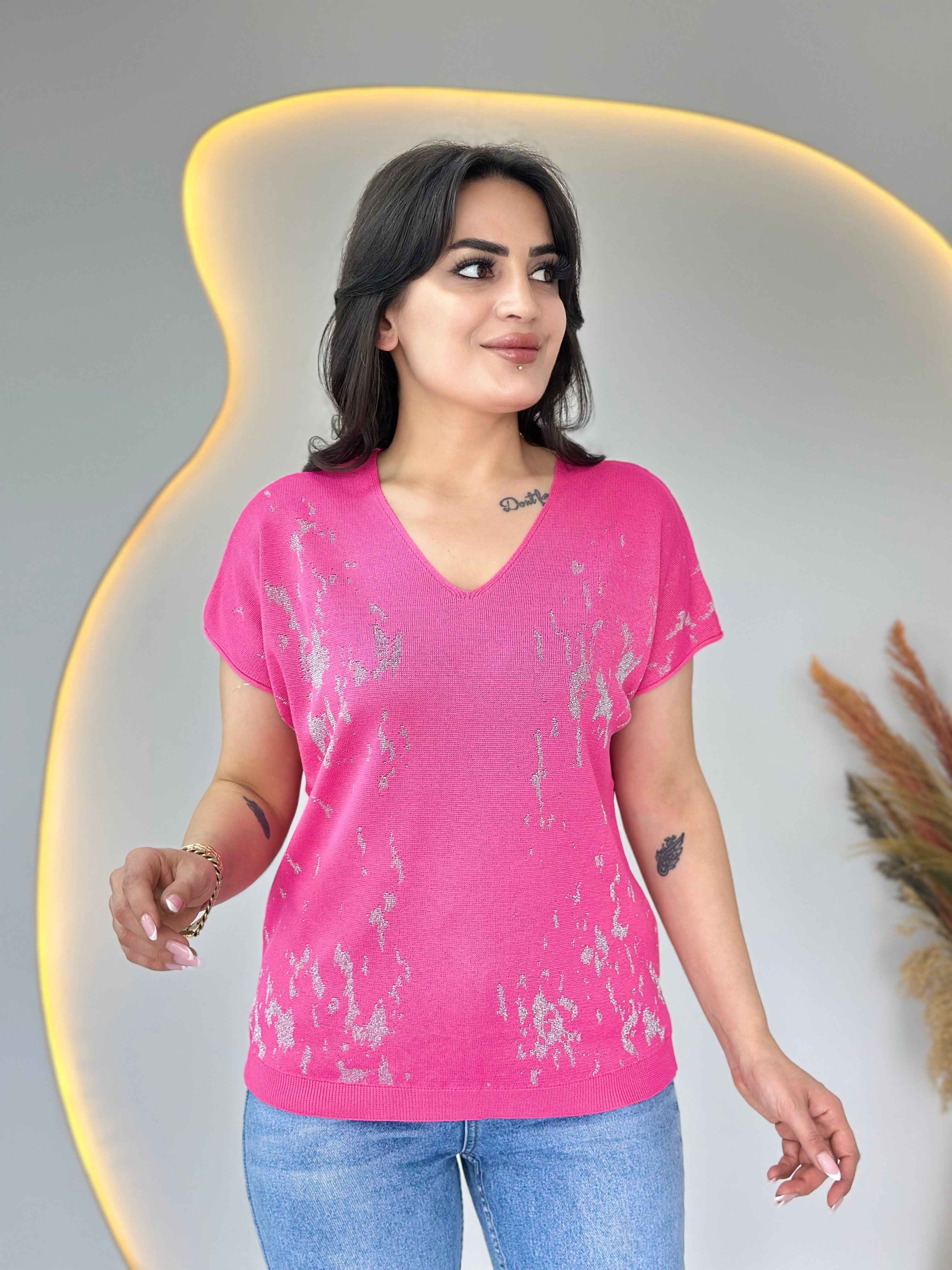 İnbo Pembe V Yaka Batik Desenli Merserize Bluz D109