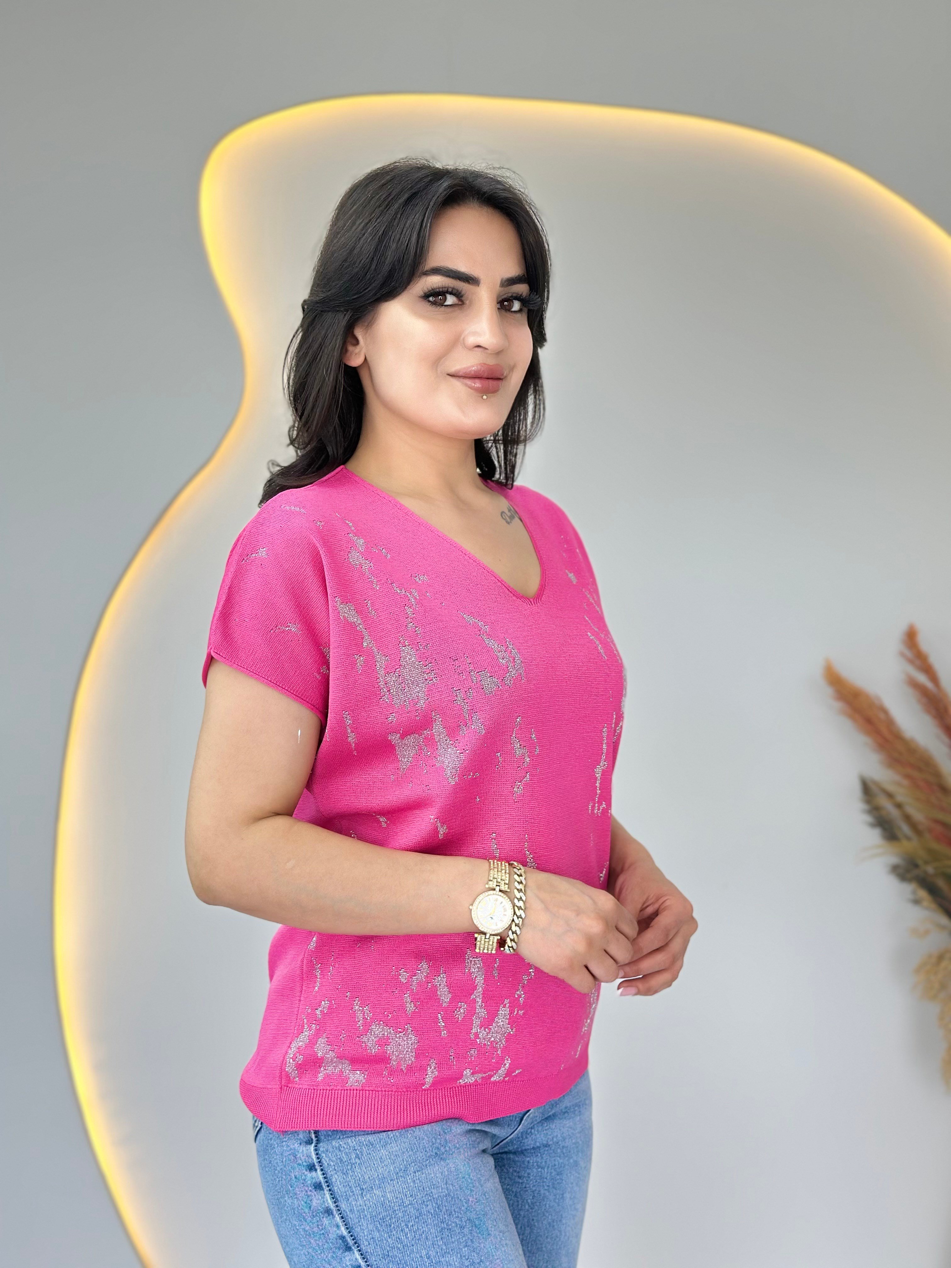 İnbo Pembe V Yaka Batik Desenli Merserize Bluz D109