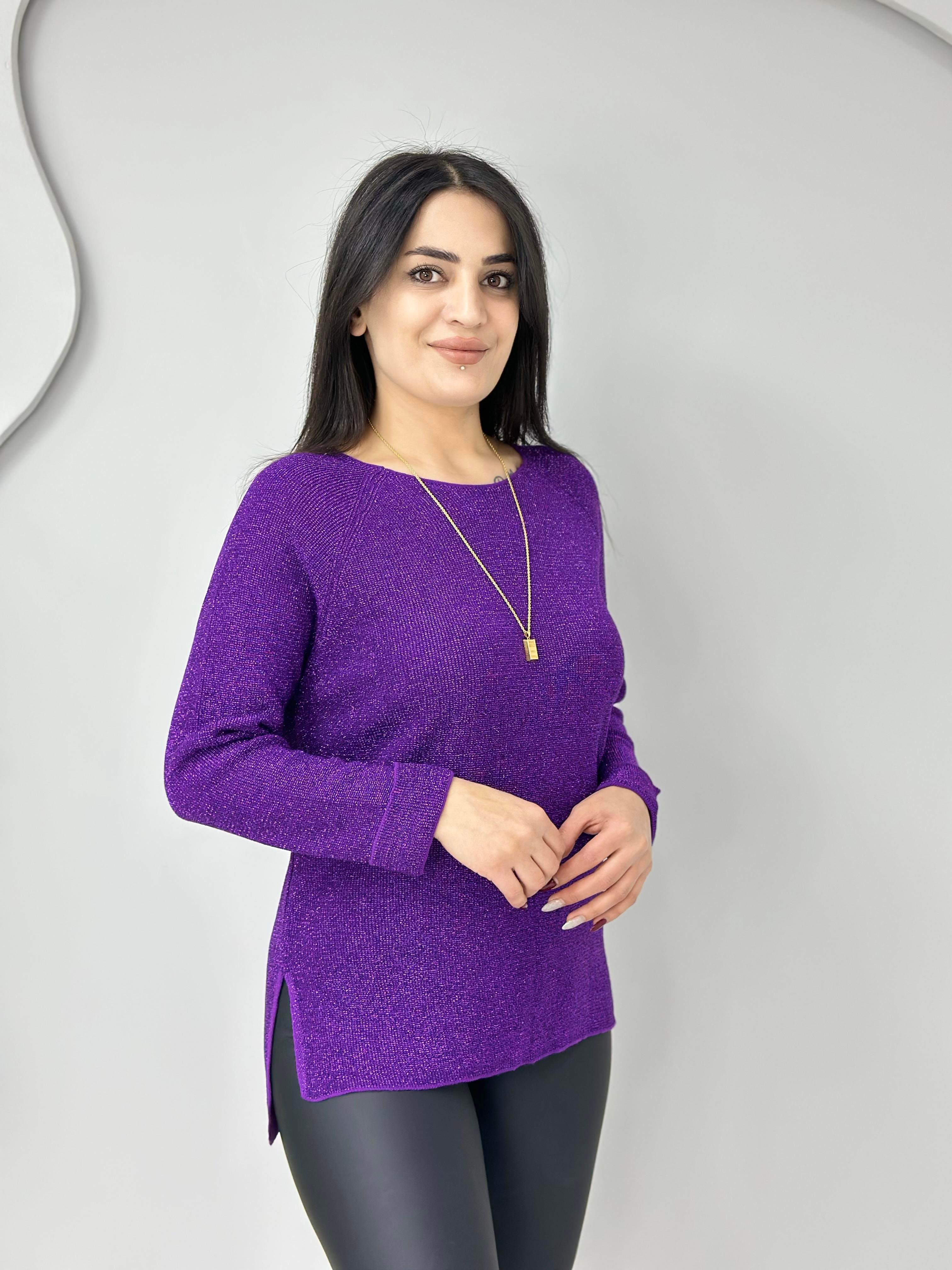 Işıl Mor Bisiklet Yaka Simli Yırtmaç Detay Likralı Triko Bluz A364