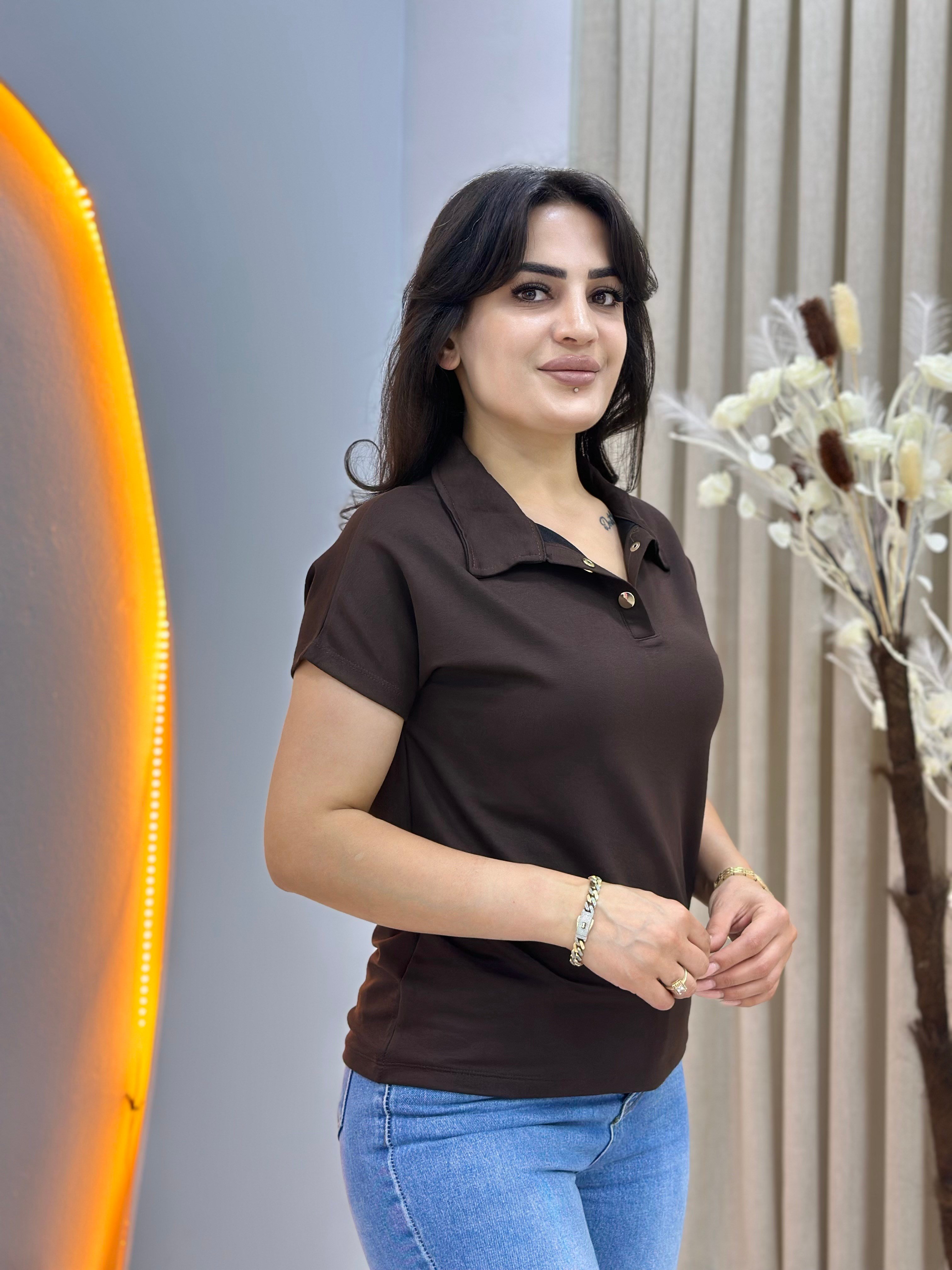 İvone Acı Kahve Polo Yaka Gold Düğme Detaylı Tshirt Bluz D150