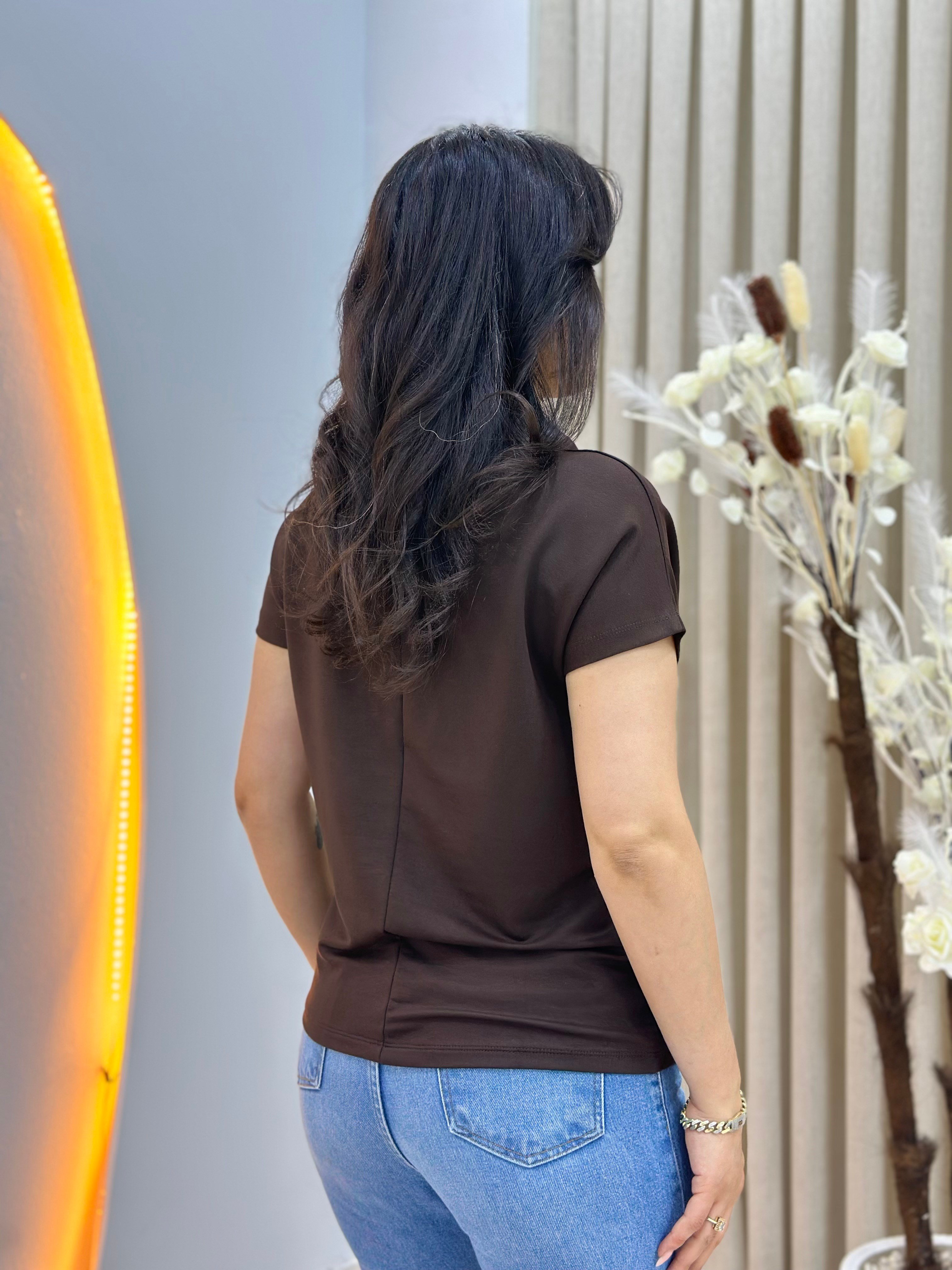 İvone Acı Kahve Polo Yaka Gold Düğme Detaylı Tshirt Bluz D150
