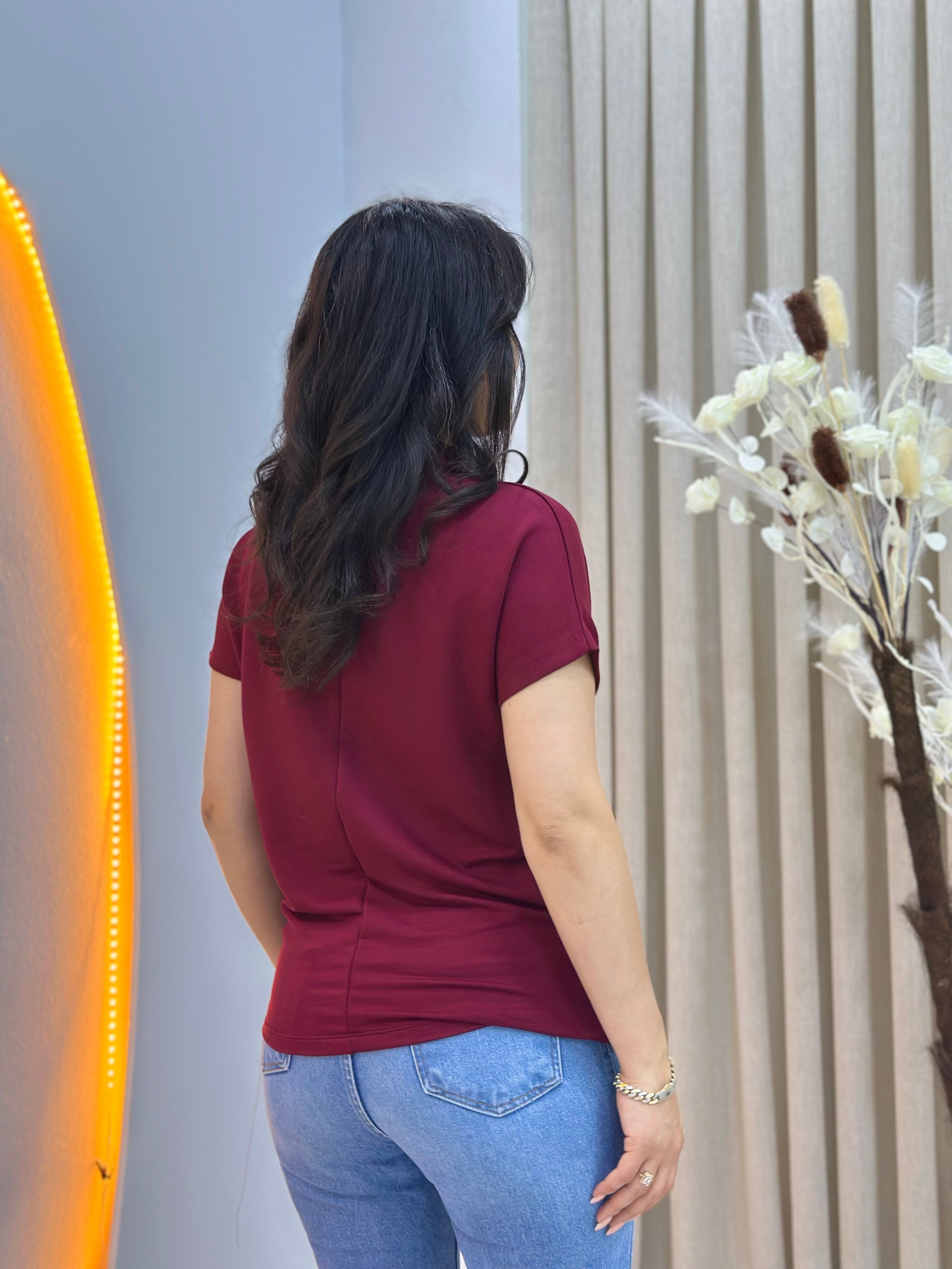 İvone Bordo Polo Yaka Gold Düğme Detaylı Tshirt Bluz D150