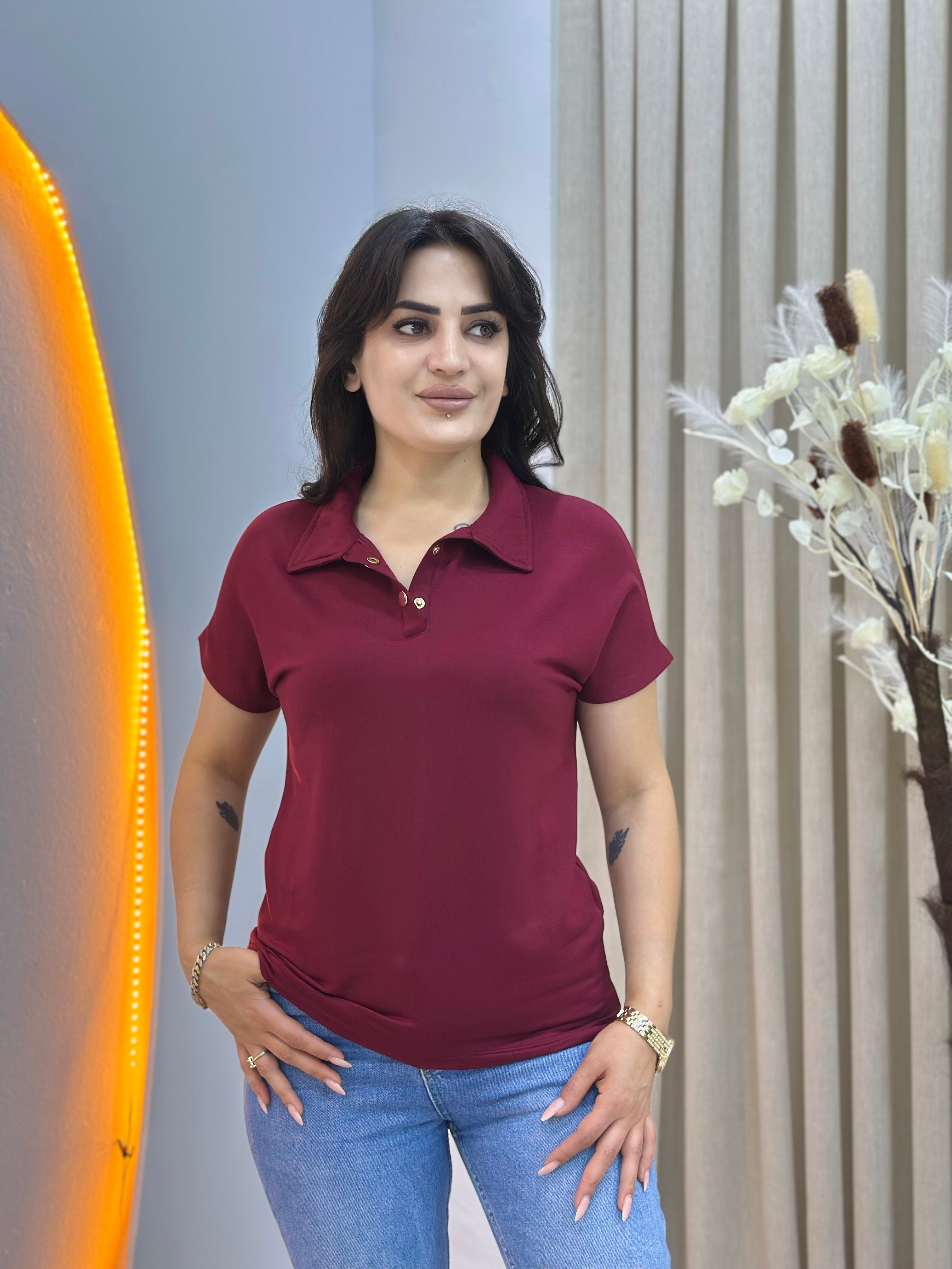 İvone Bordo Polo Yaka Gold Düğme Detaylı Tshirt Bluz D150